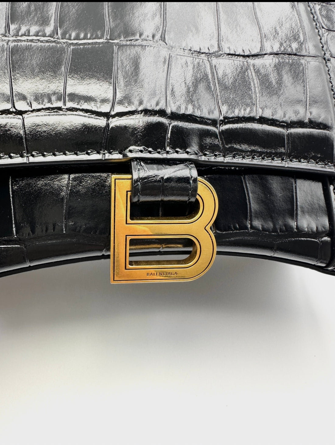 Balenciaga Hourglass Black Croc-Embossed Leather Handle Bag BB74