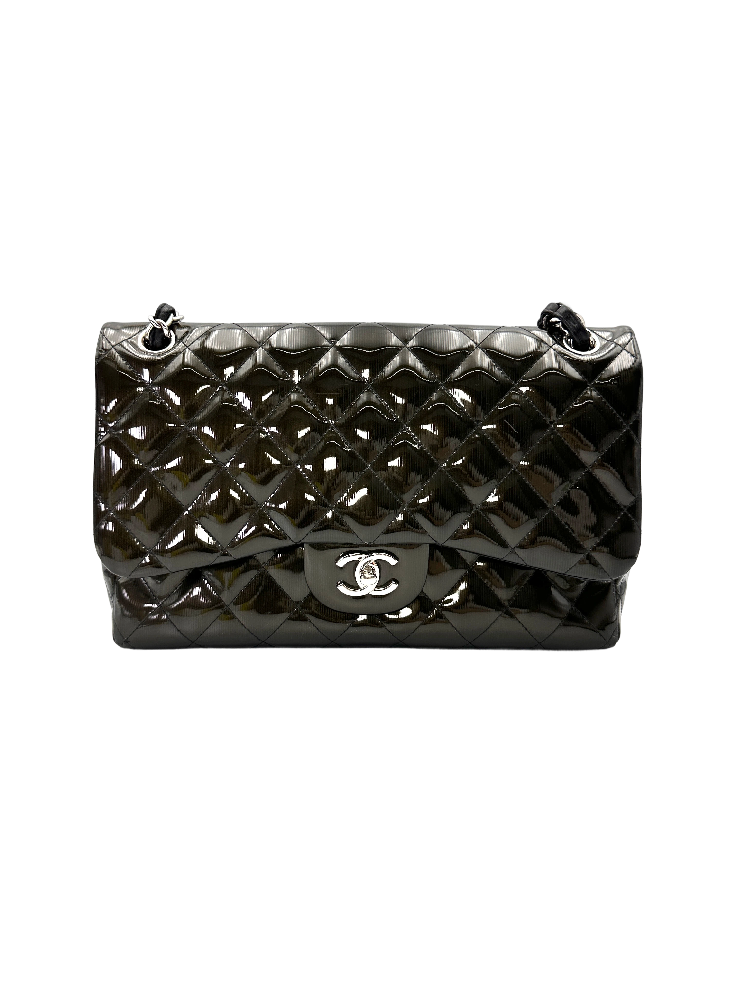 Chanel Classic Flap Black Quilted Patent Leather Jumbo Shoulder Bag With Silver Buckle(16***36) CC2152