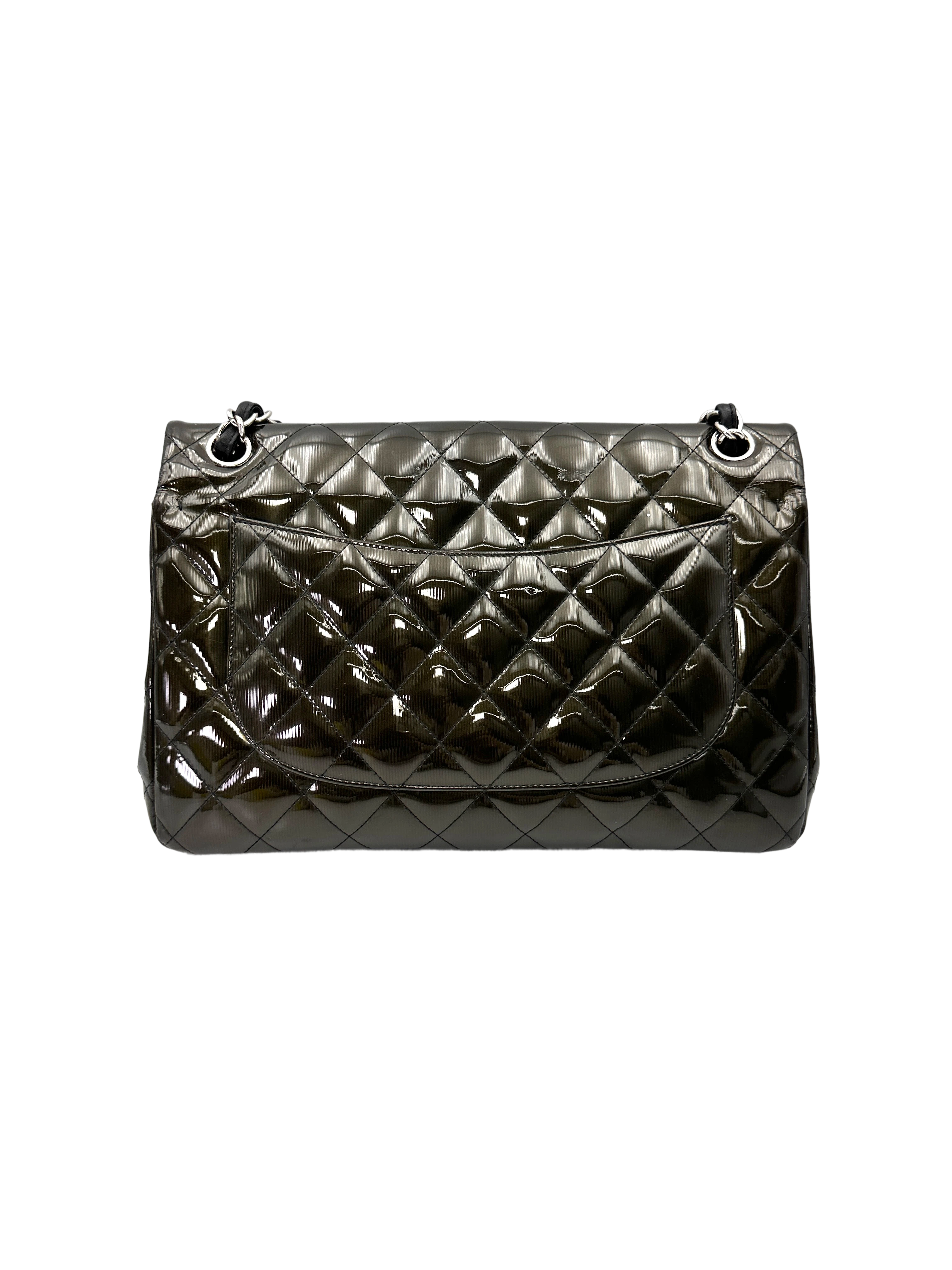 Chanel Classic Flap Black Quilted Patent Leather Jumbo Shoulder Bag With Silver Buckle(16***36) CC2152