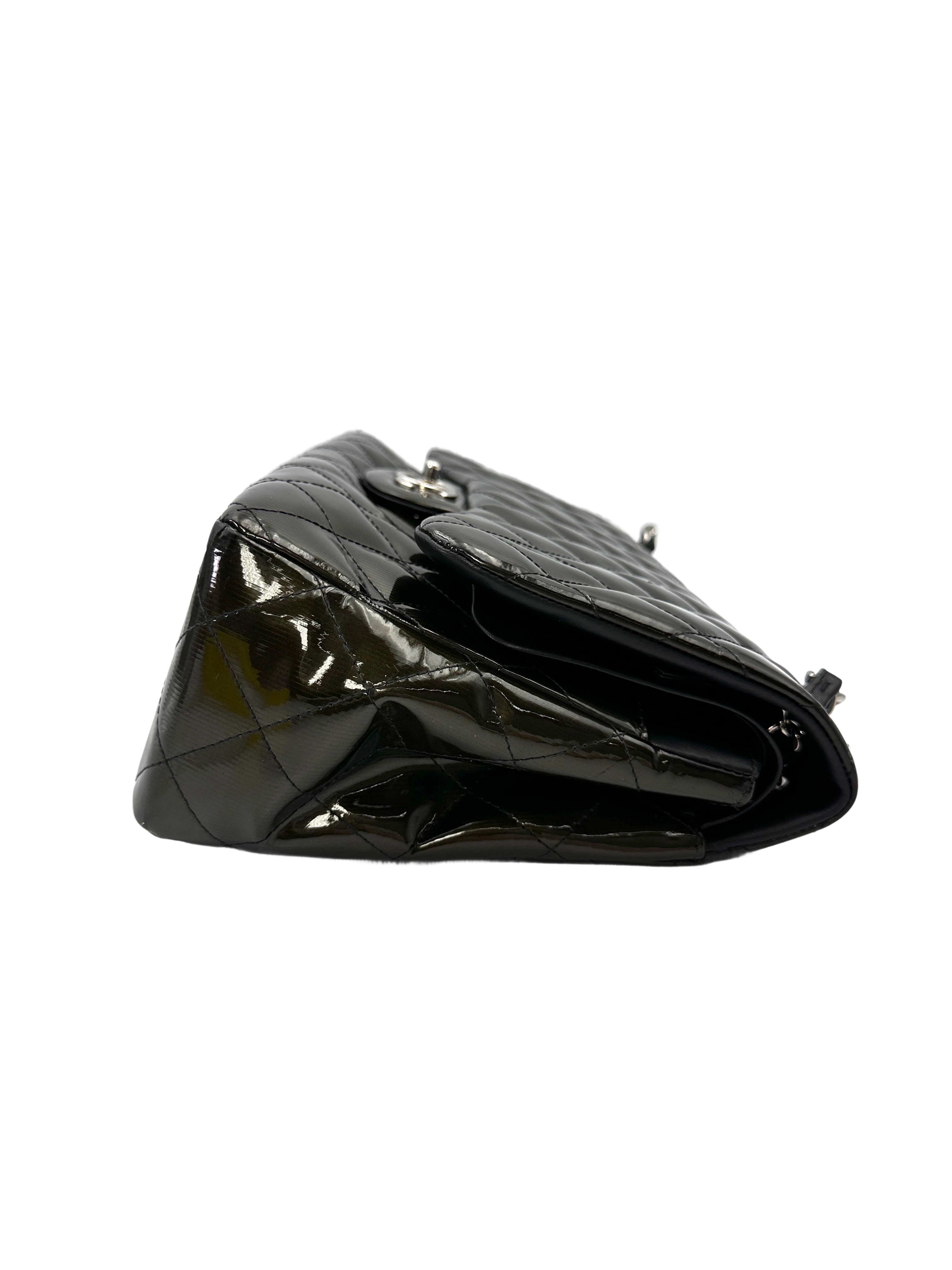 Chanel Classic Flap Black Quilted Patent Leather Jumbo Shoulder Bag With Silver Buckle(16***36) CC2152