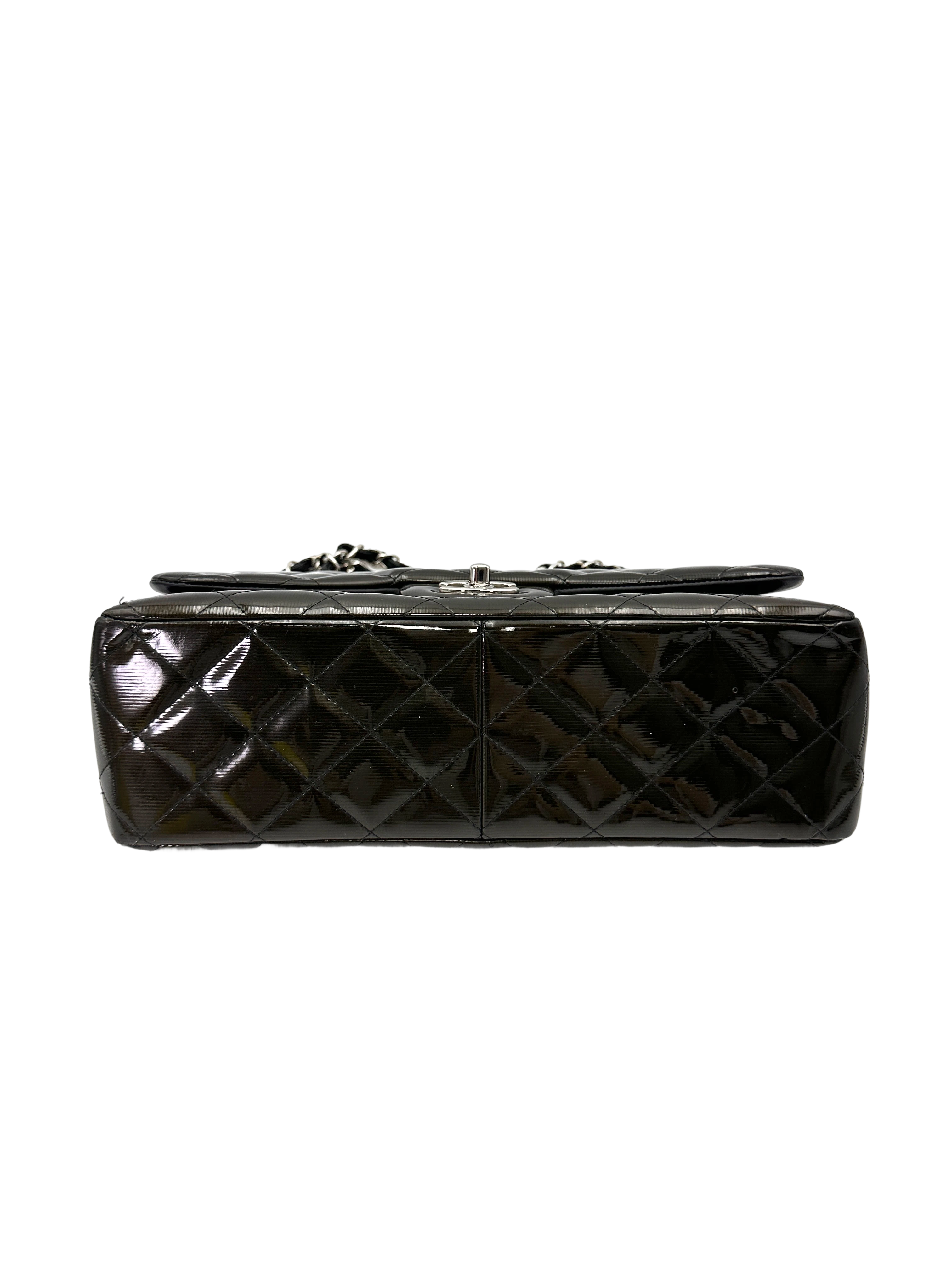 Chanel Classic Flap Black Quilted Patent Leather Jumbo Shoulder Bag With Silver Buckle(16***36) CC2152