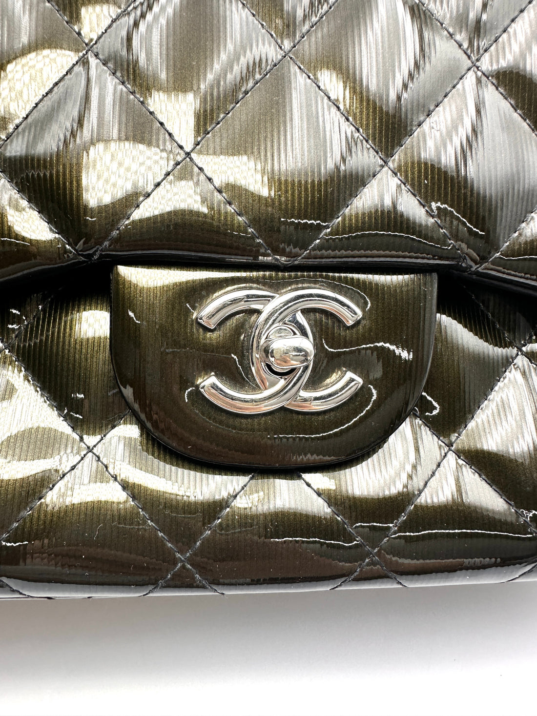 Chanel Classic Flap Black Quilted Patent Leather Jumbo Shoulder Bag With Silver Buckle(16***36) CC2152