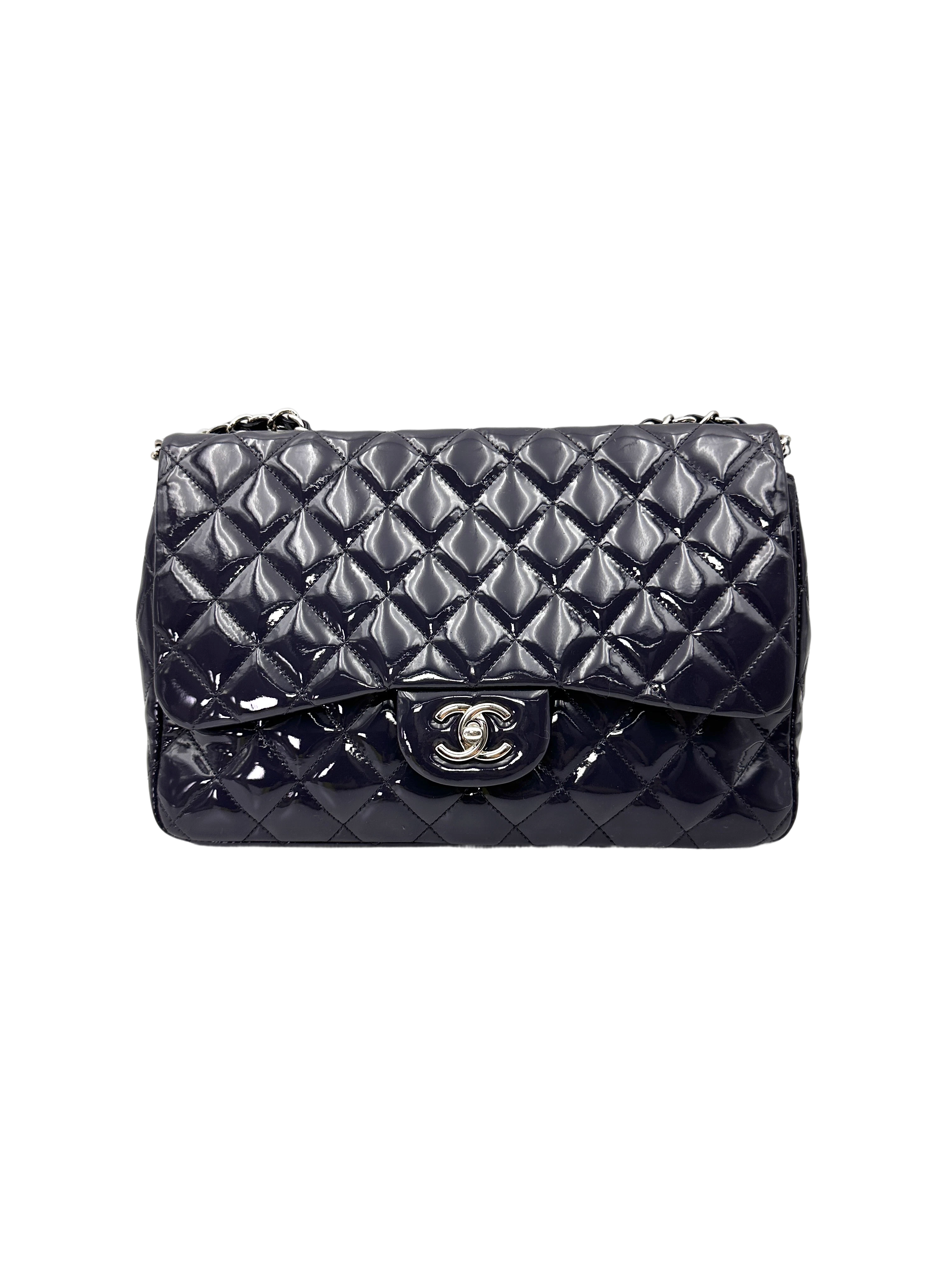 Chanel Classic Flap Purple Quilted Patent Leather Jumbo Shoulder Bag With Silver Buckle(13***68) CC2153