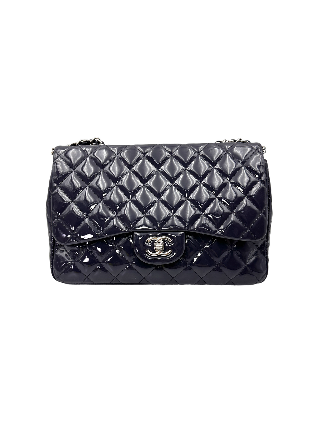 Chanel Classic Flap Purple Quilted Patent Leather Jumbo Shoulder Bag With Silver Buckle(13***68) CC2153