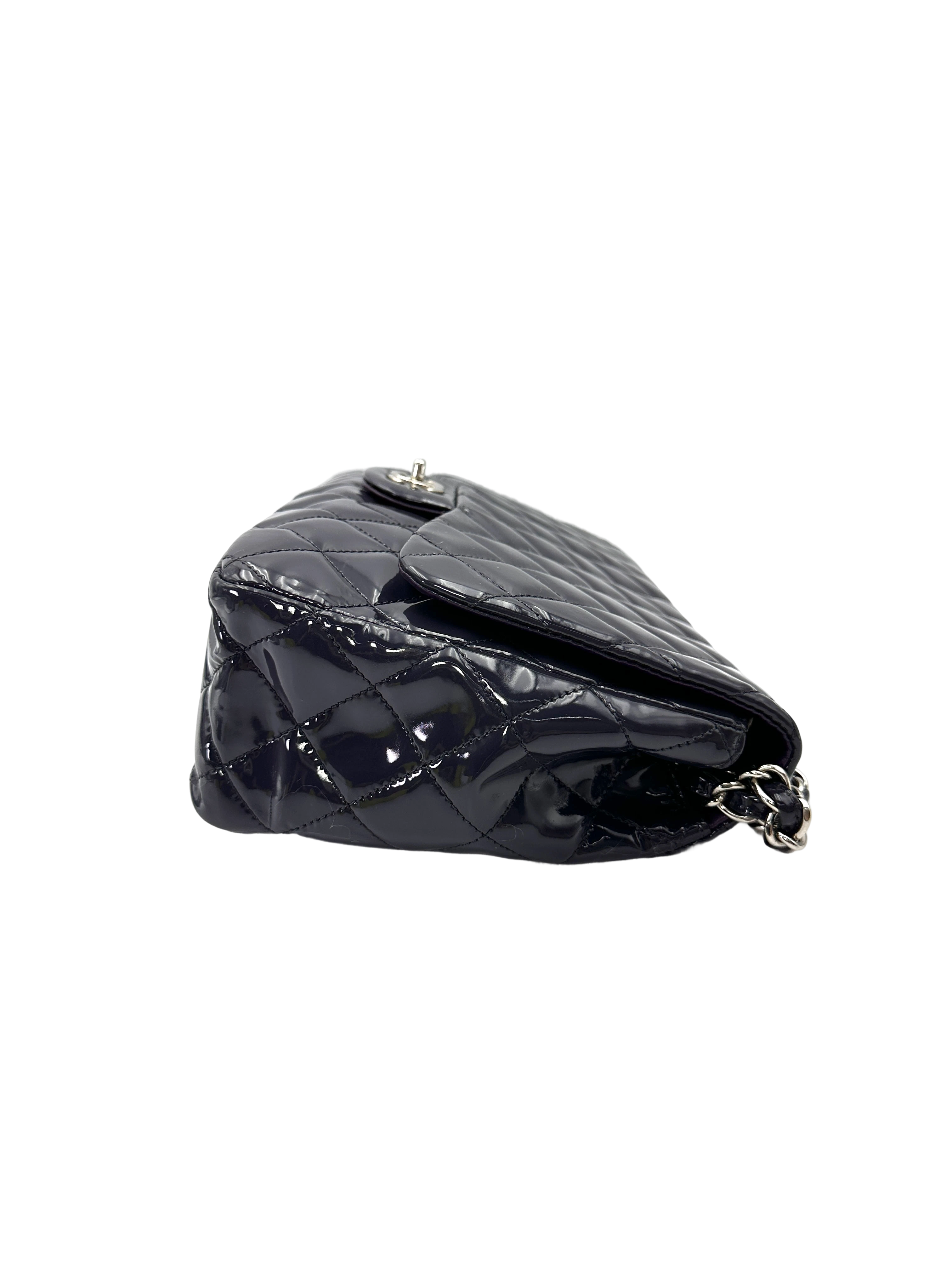 Chanel Classic Flap Purple Quilted Patent Leather Jumbo Shoulder Bag With Silver Buckle(13***68) CC2153
