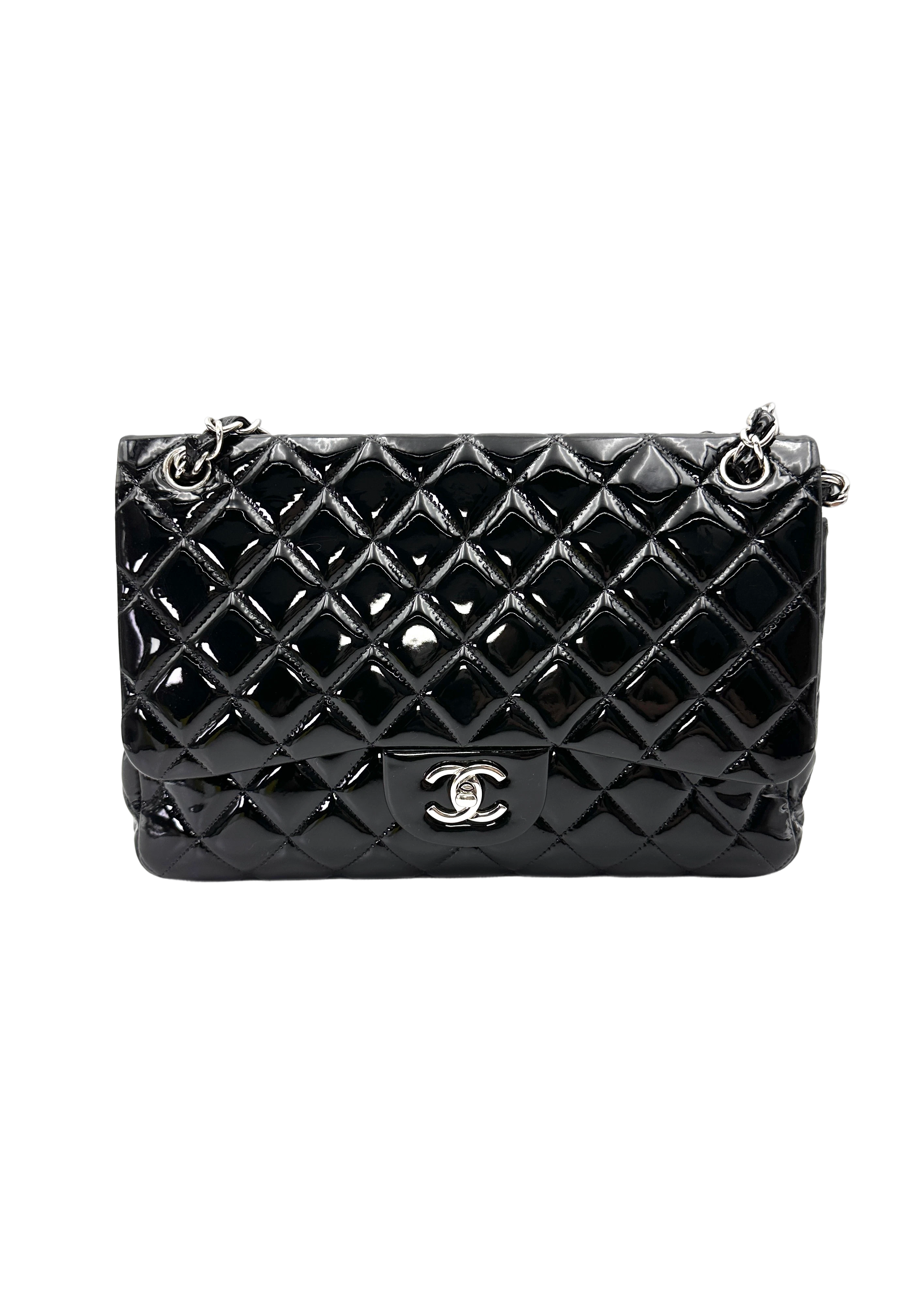 Chanel Classic Flap Black Quilted Patent Leather Jumbo Shoulder Bag With Silver Buckle(14***56) CC2154