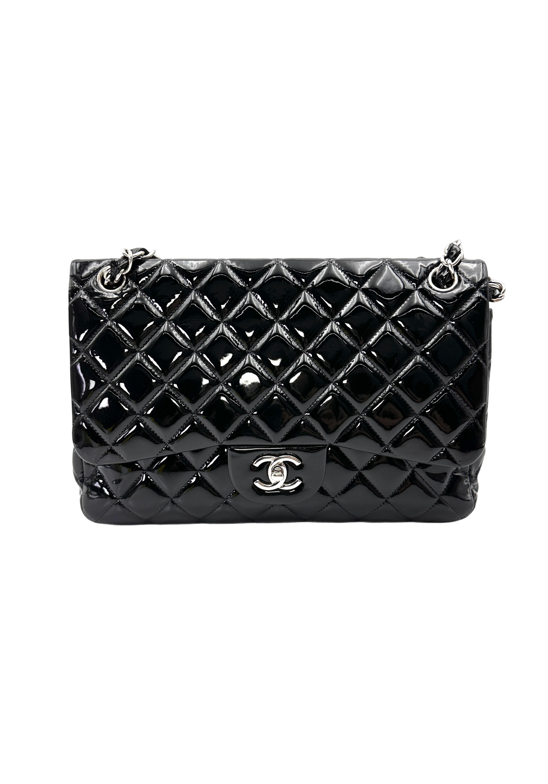 Chanel Classic Flap Black Quilted Patent Leather Jumbo Shoulder Bag With Silver Buckle(14***56) CC2154