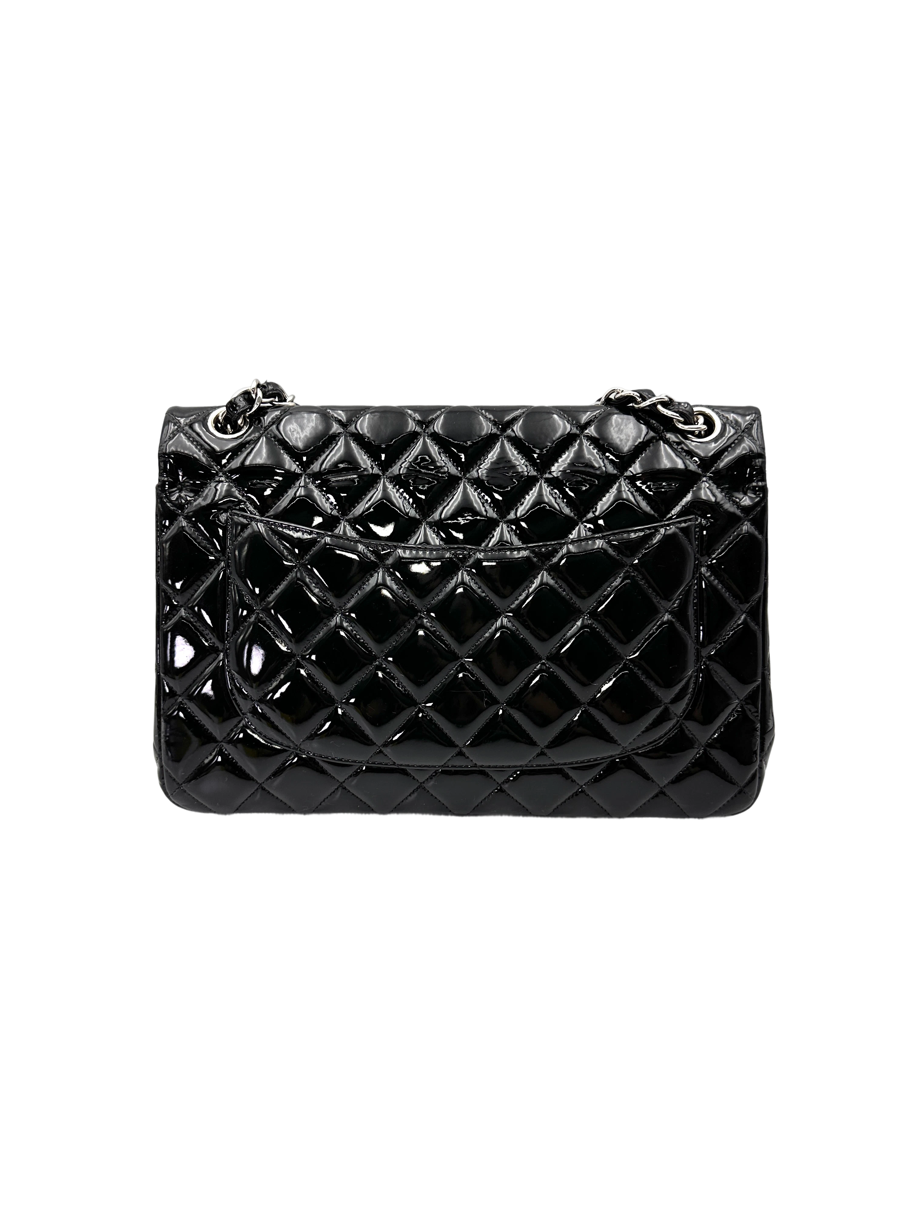 Chanel Classic Flap Black Quilted Patent Leather Jumbo Shoulder Bag With Silver Buckle(14***56) CC2154