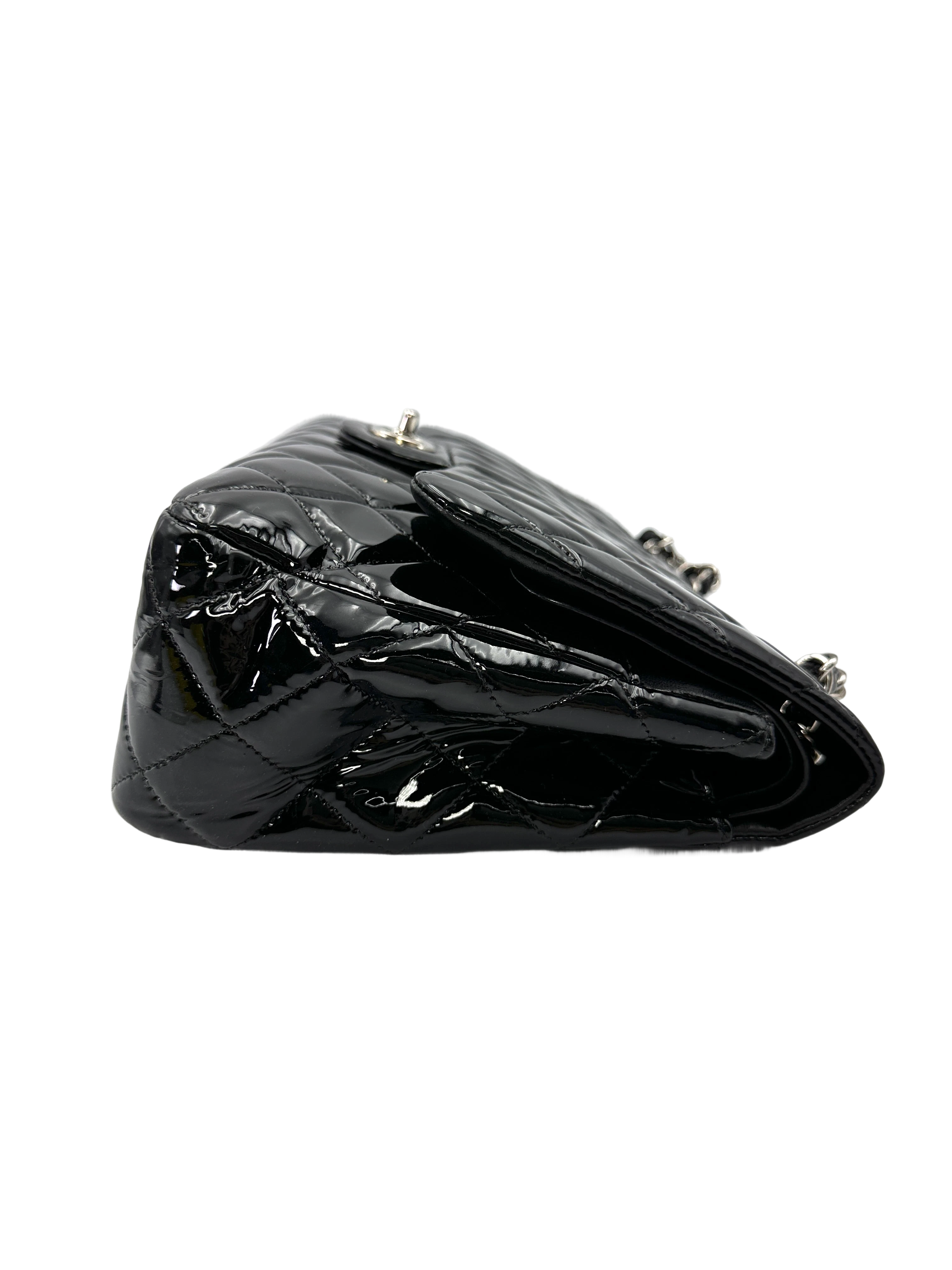 Chanel Classic Flap Black Quilted Patent Leather Jumbo Shoulder Bag With Silver Buckle(14***56) CC2154