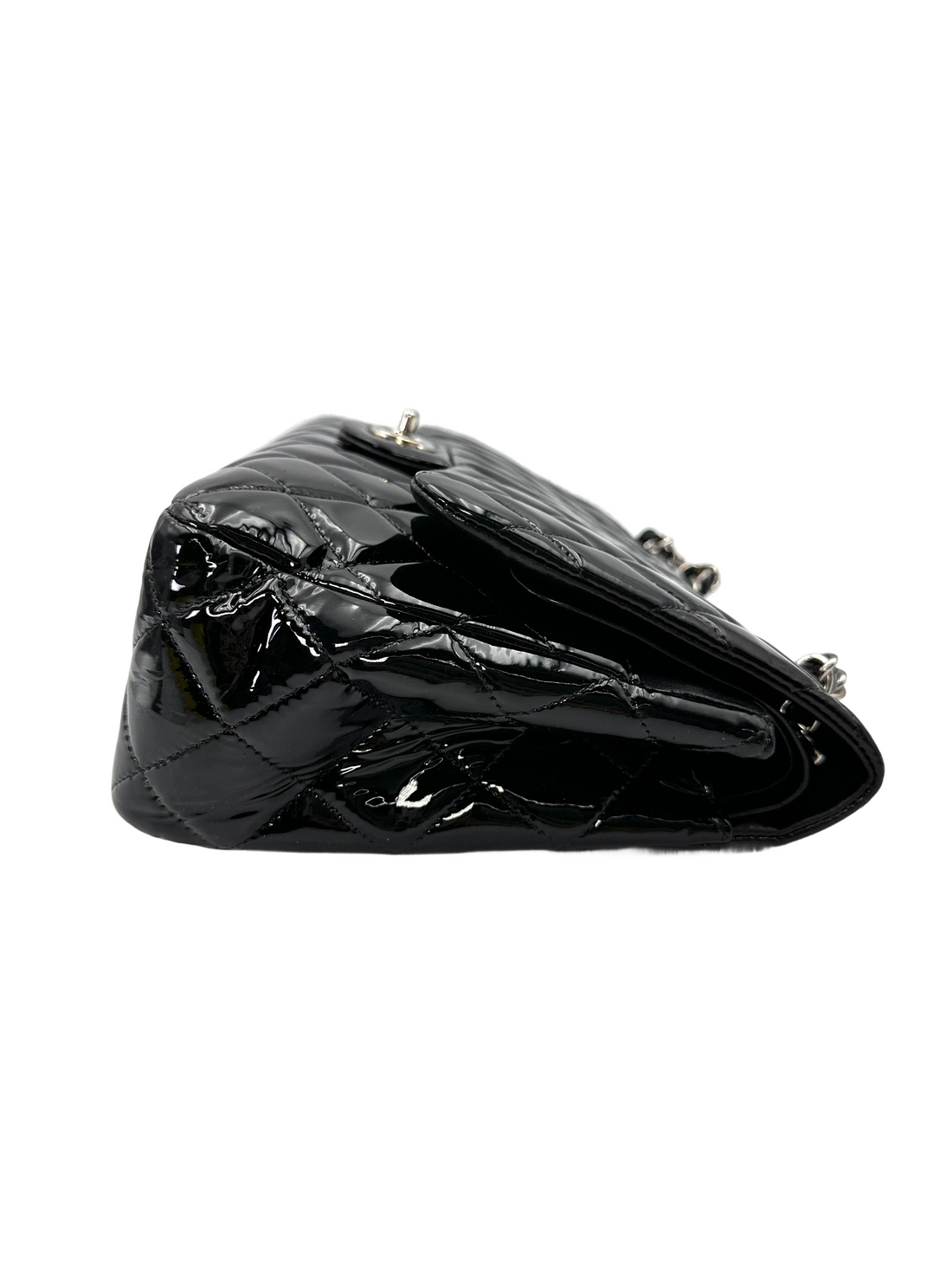 Chanel Classic Flap Black Quilted Patent Leather Jumbo Shoulder Bag With Silver Buckle(14***56) CC2154