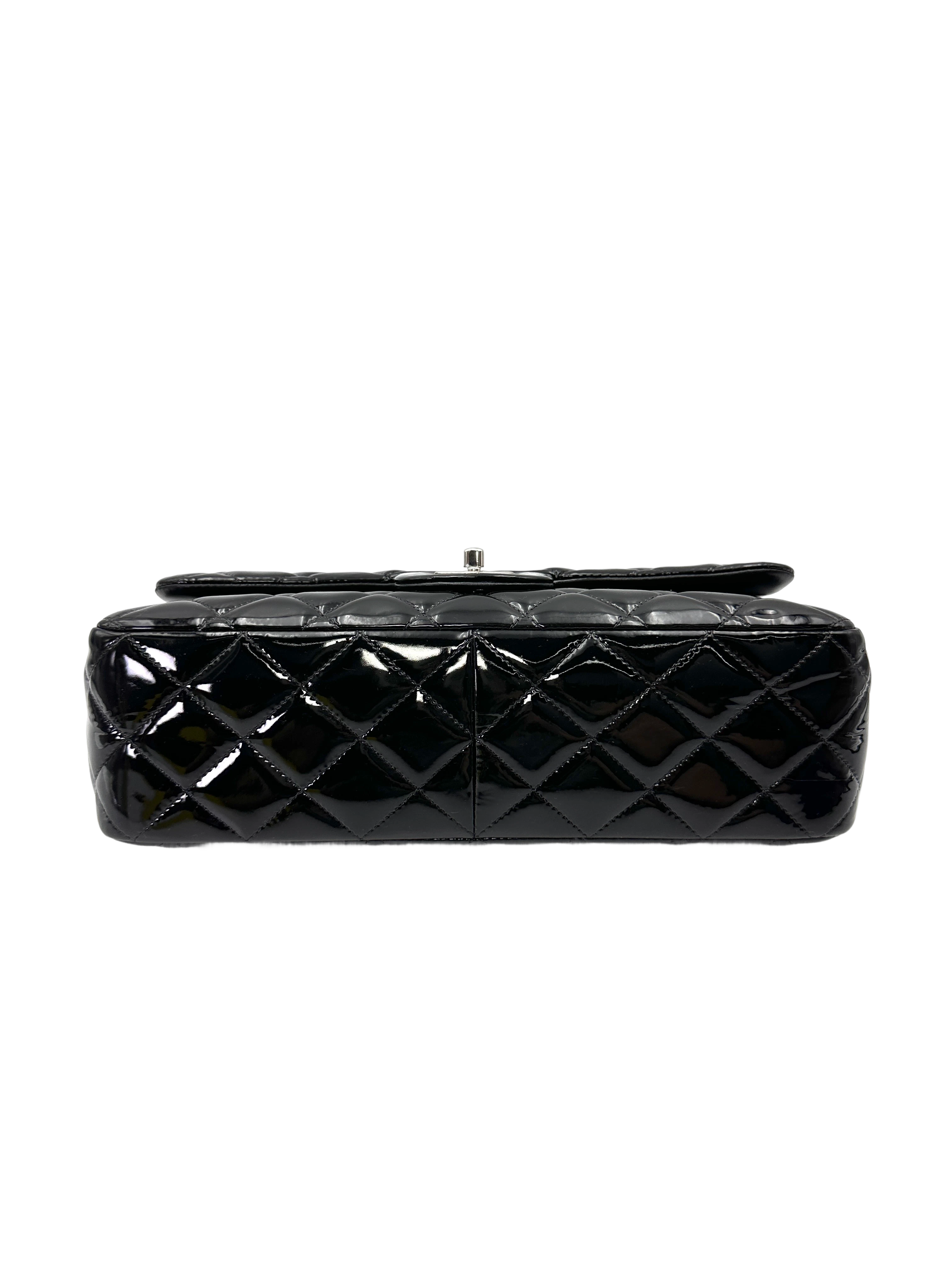 Chanel Classic Flap Black Quilted Patent Leather Jumbo Shoulder Bag With Silver Buckle(14***56) CC2154