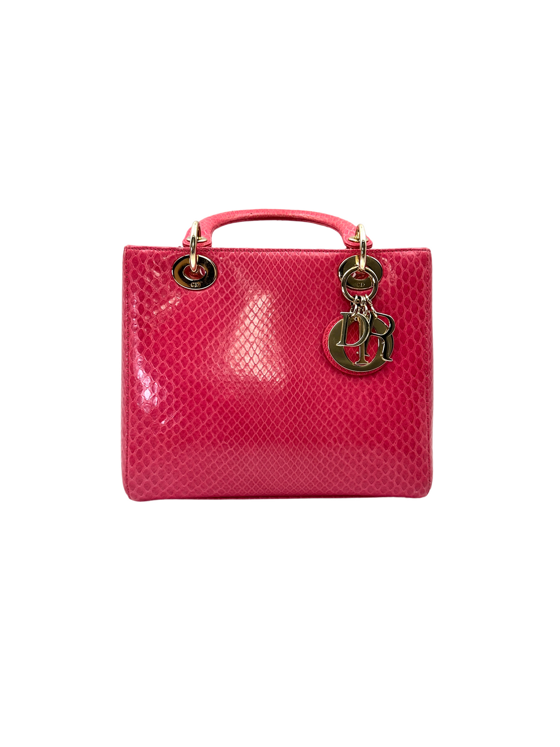 Christian Dior Lady Dior Pink Python Leather Handle Bag With Gold Charms DR798