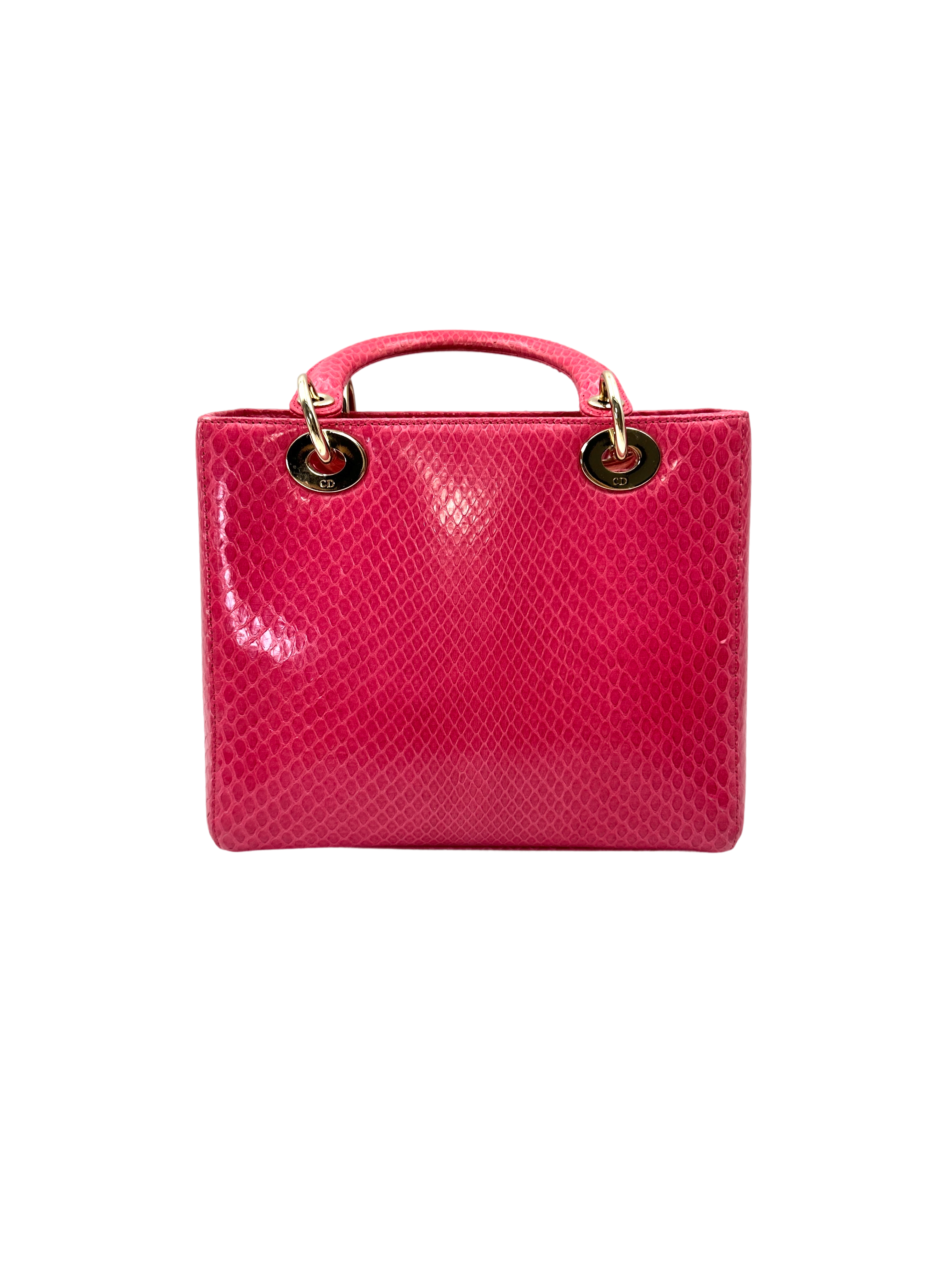 Christian Dior Lady Dior Pink Python Leather Handle Bag With Gold Charms DR798