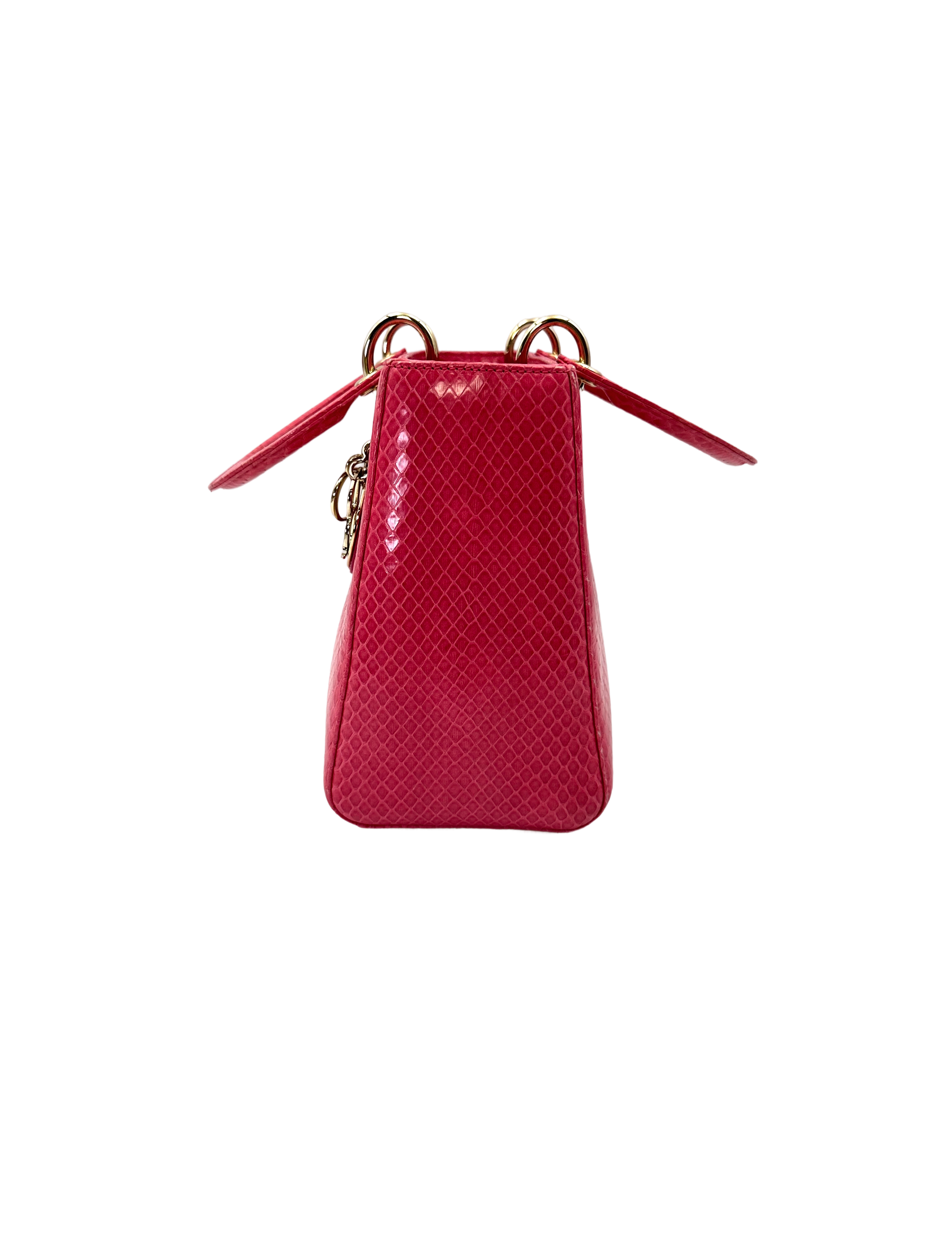 Christian Dior Lady Dior Pink Python Leather Handle Bag With Gold Charms DR798