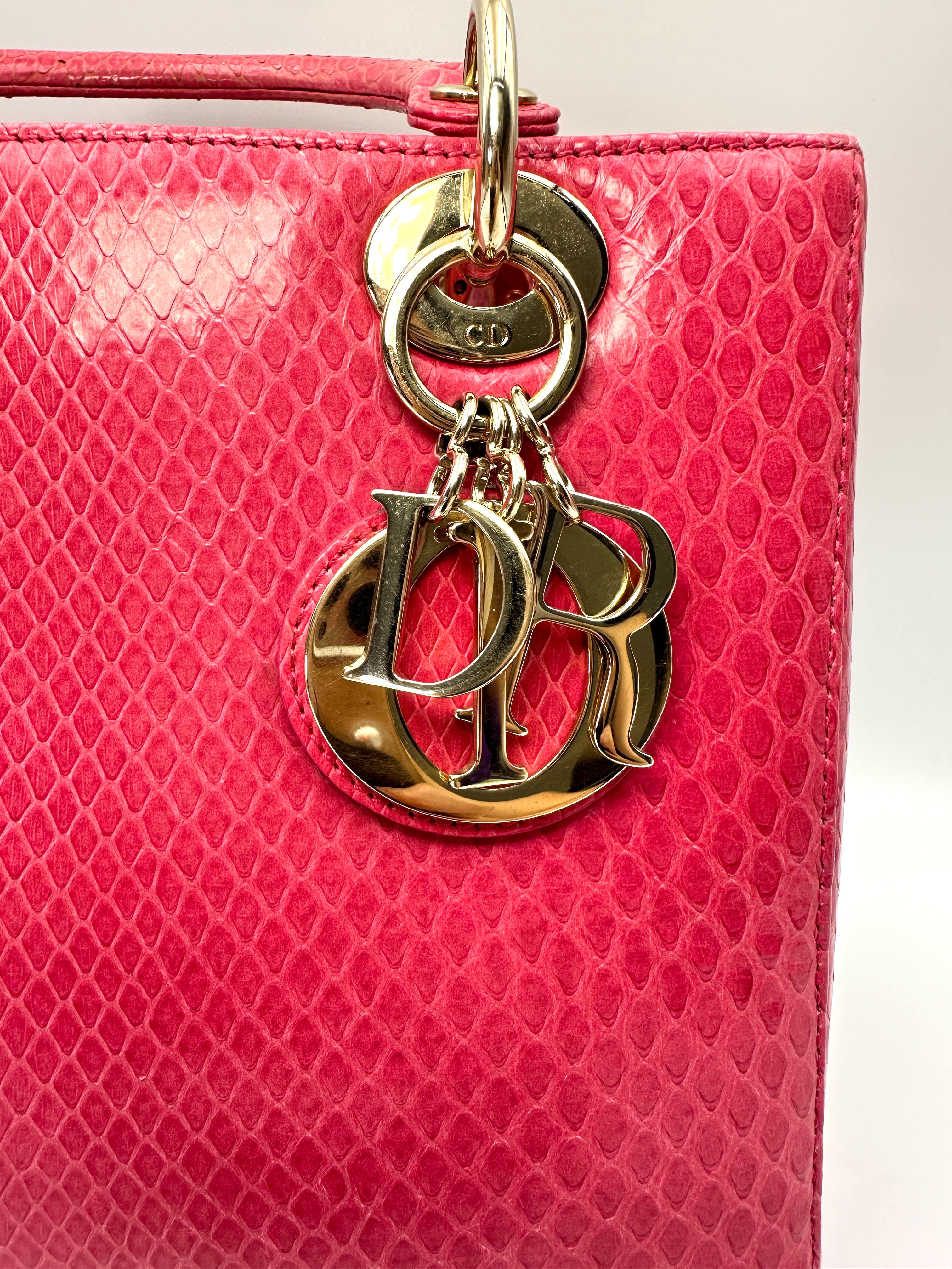 Christian Dior Lady Dior Pink Python Leather Handle Bag With Gold Charms DR798
