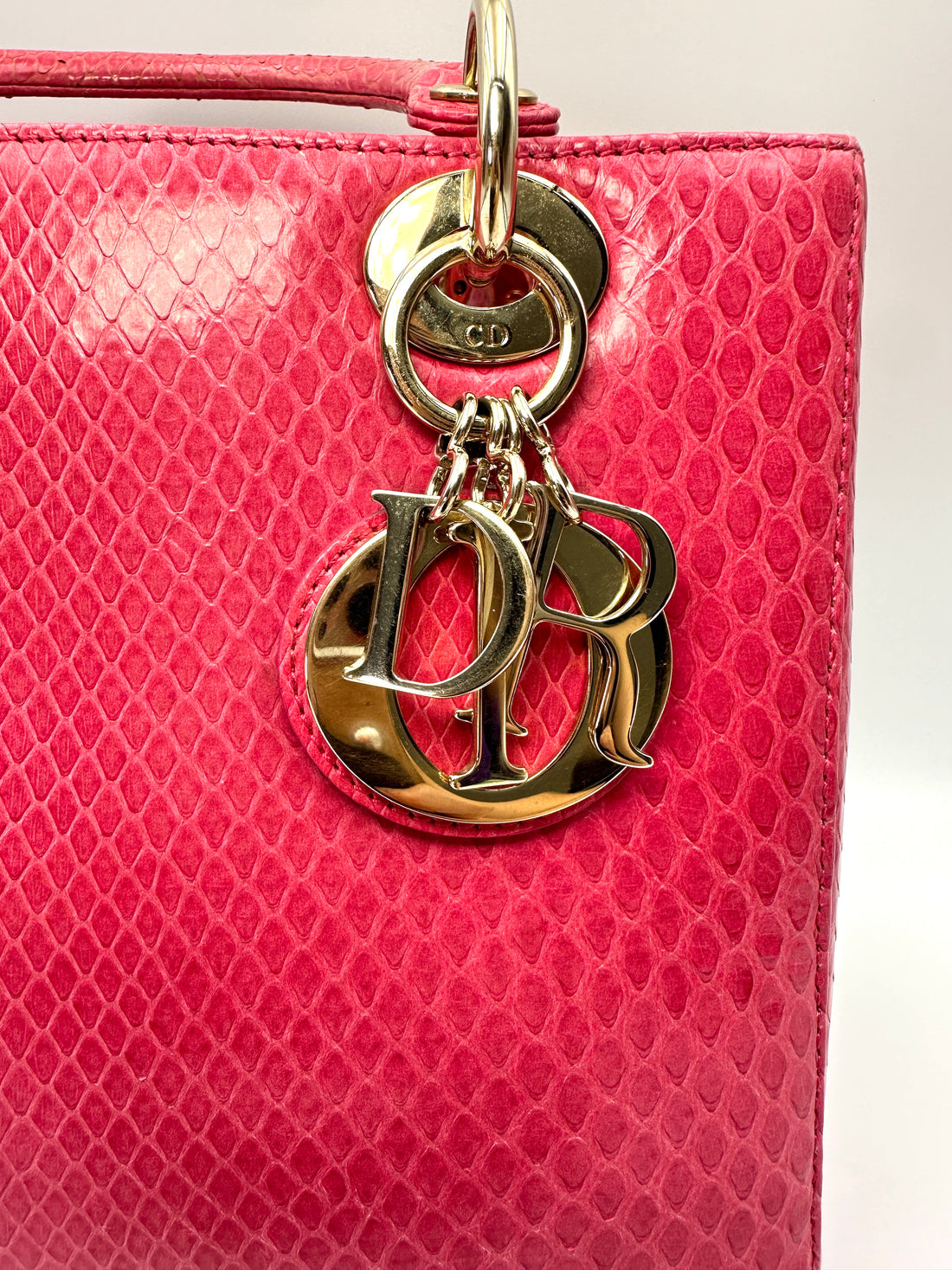 Christian Dior Lady Dior Pink Python Leather Handle Bag With Gold Charms DR798