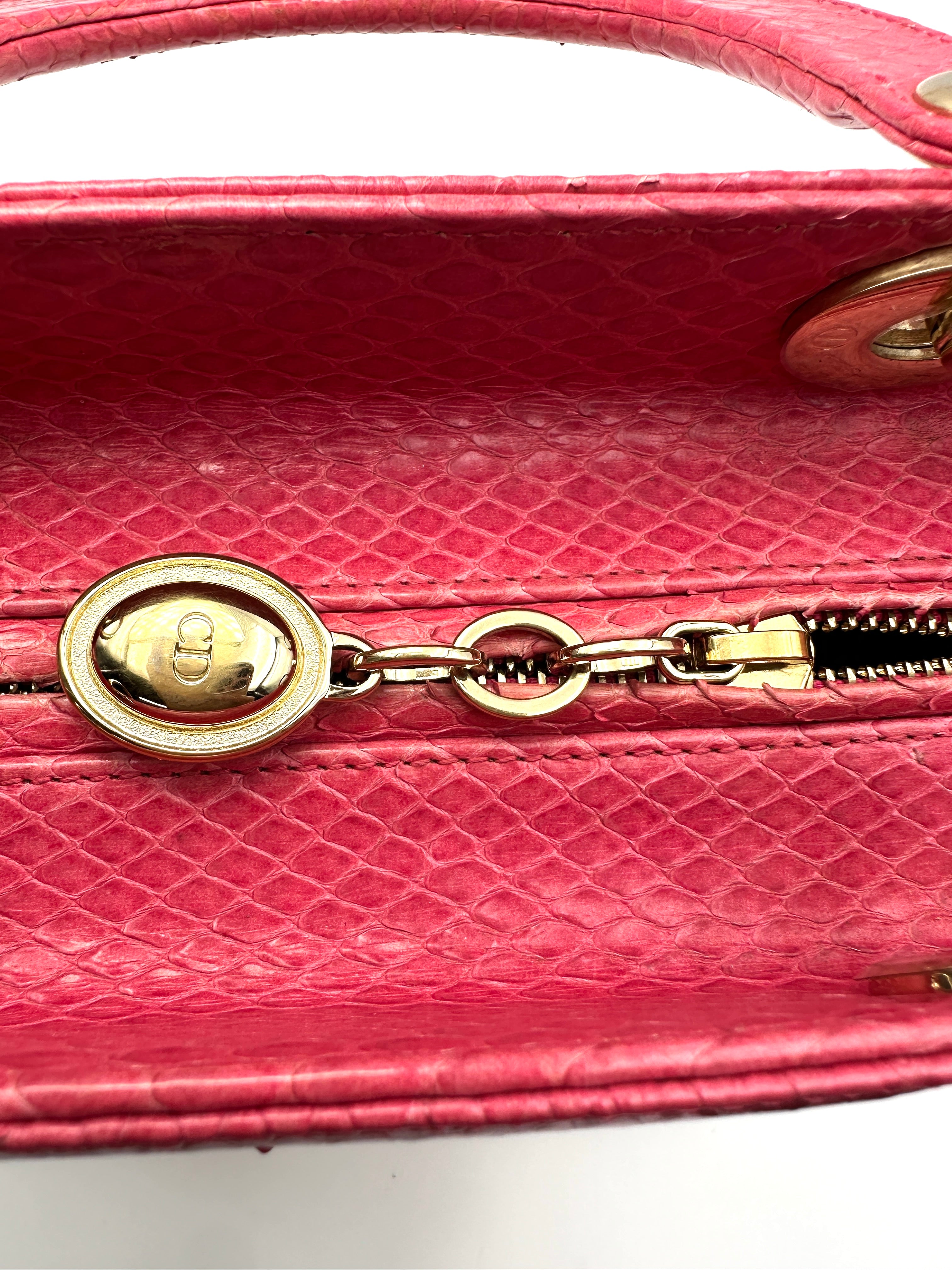 Christian Dior Lady Dior Pink Python Leather Handle Bag With Gold Charms DR798