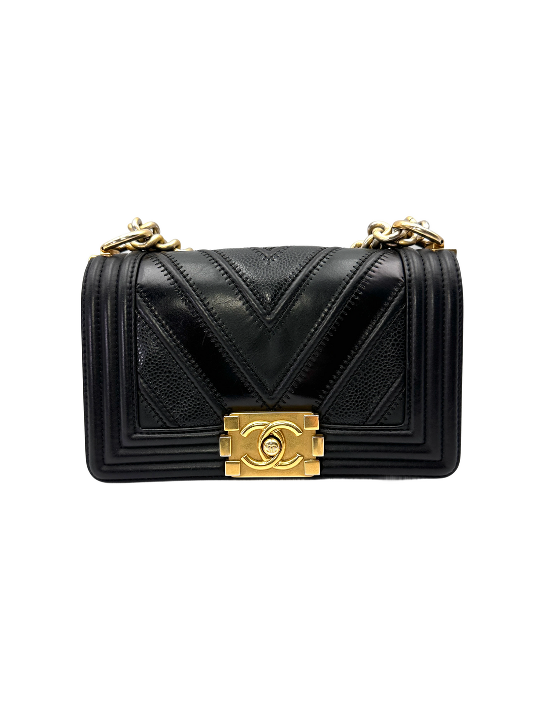 Chanel LeBoy Black Chevron Quilted Leather Flap Bag With Gold Buckle(22***28) CC2155