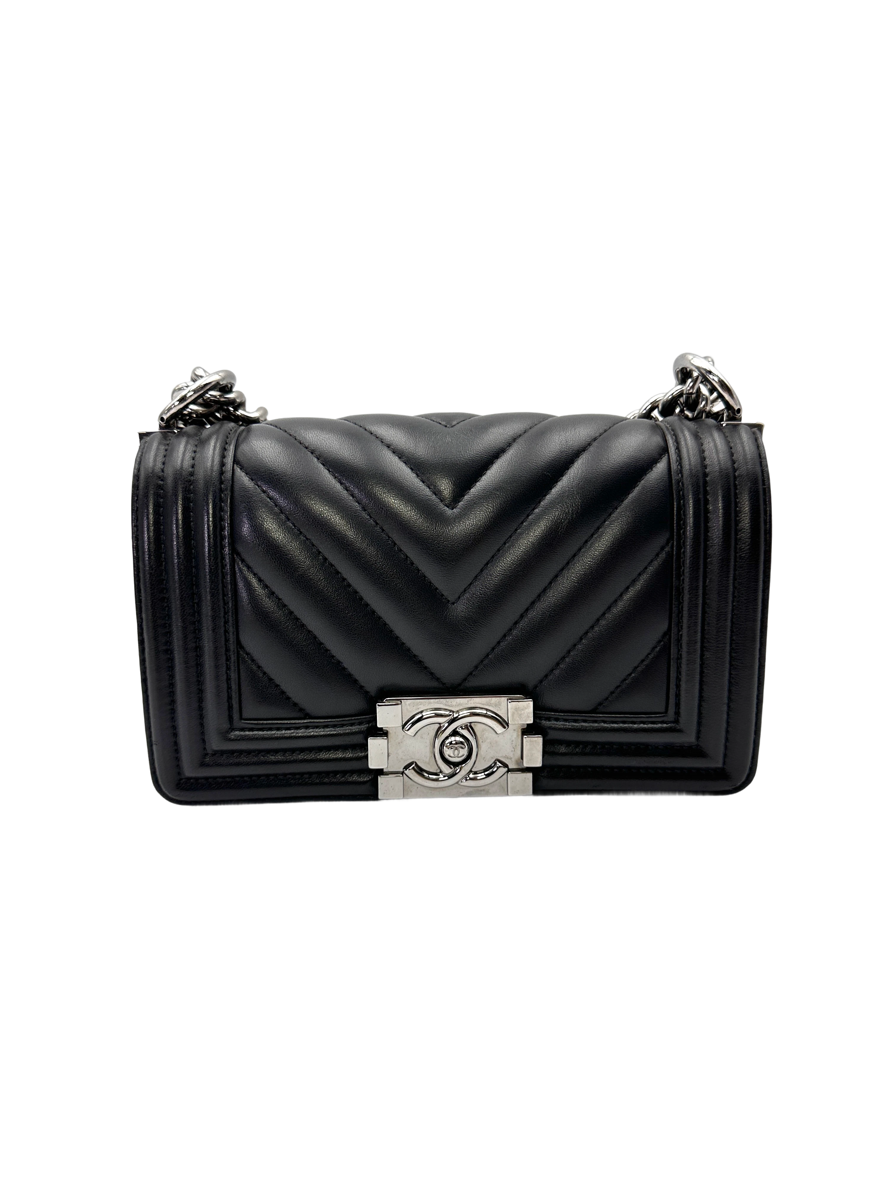 Chanel LeBoy Black Chevron Quilted Lambskin Small Size Flap Bag With Silver Buckle(24***25) CC2159