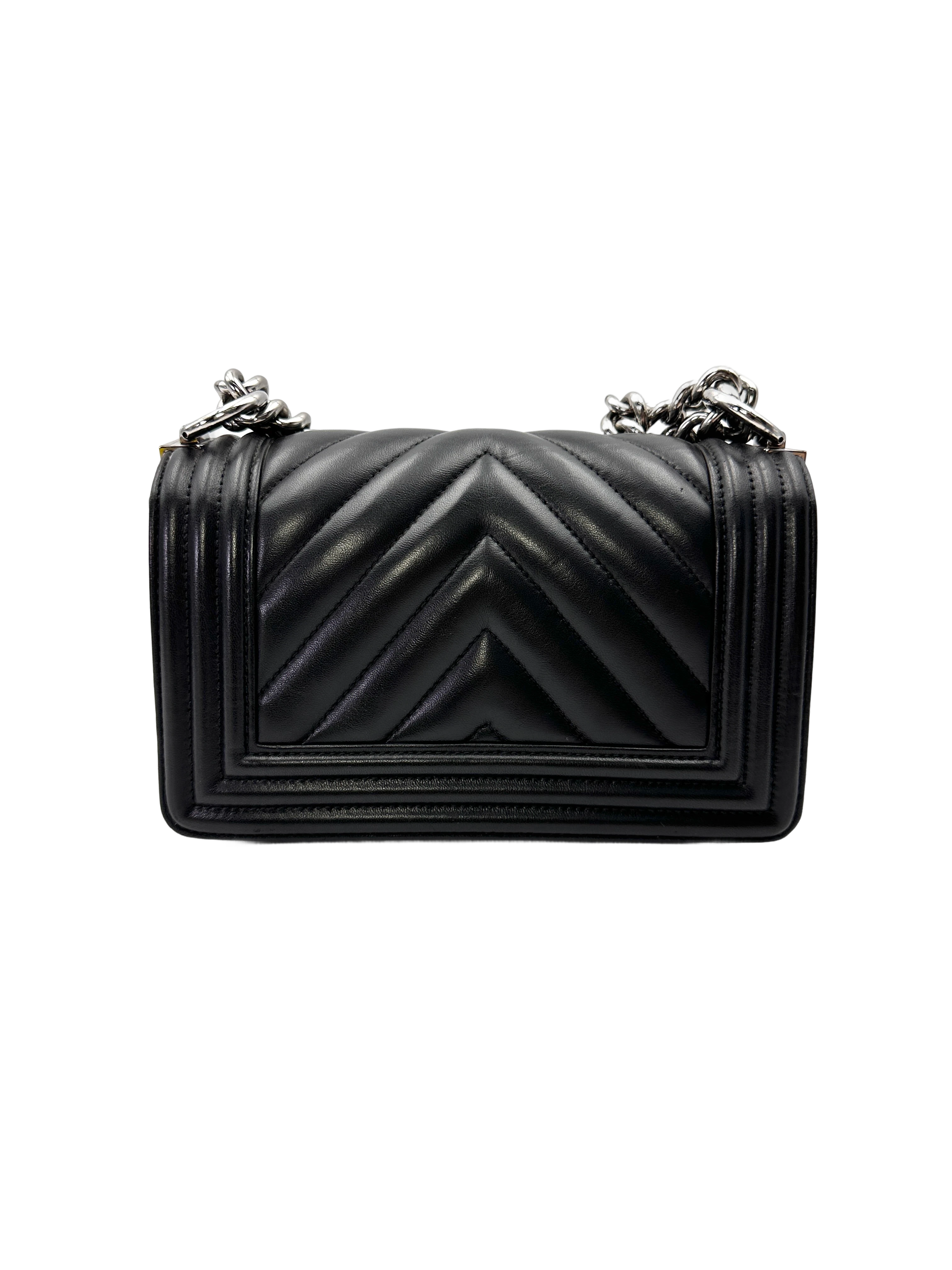 Chanel LeBoy Black Chevron Quilted Lambskin Small Size Flap Bag With Silver Buckle(24***25) CC2159