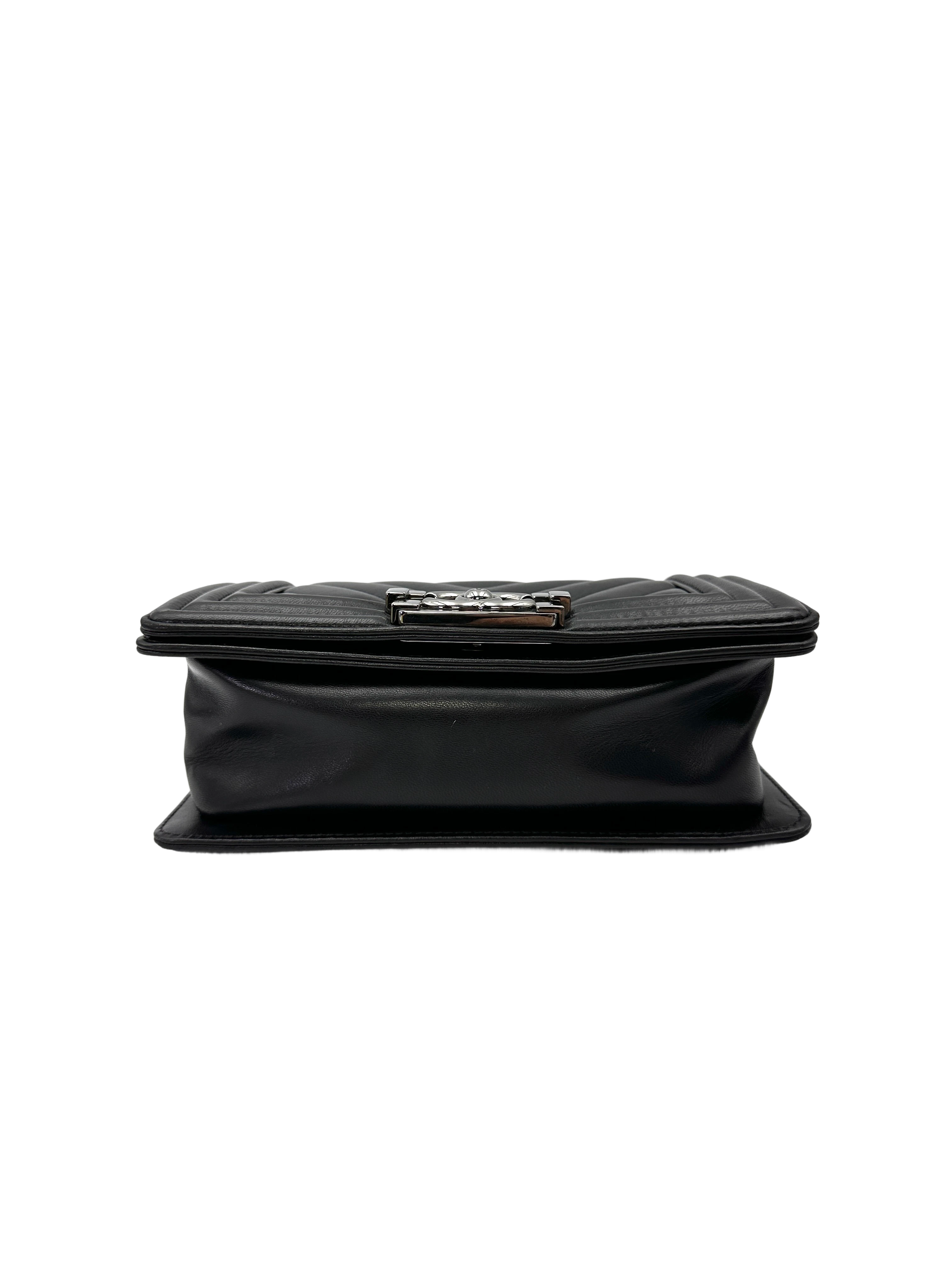 Chanel LeBoy Black Chevron Quilted Lambskin Small Size Flap Bag With Silver Buckle(24***25) CC2159