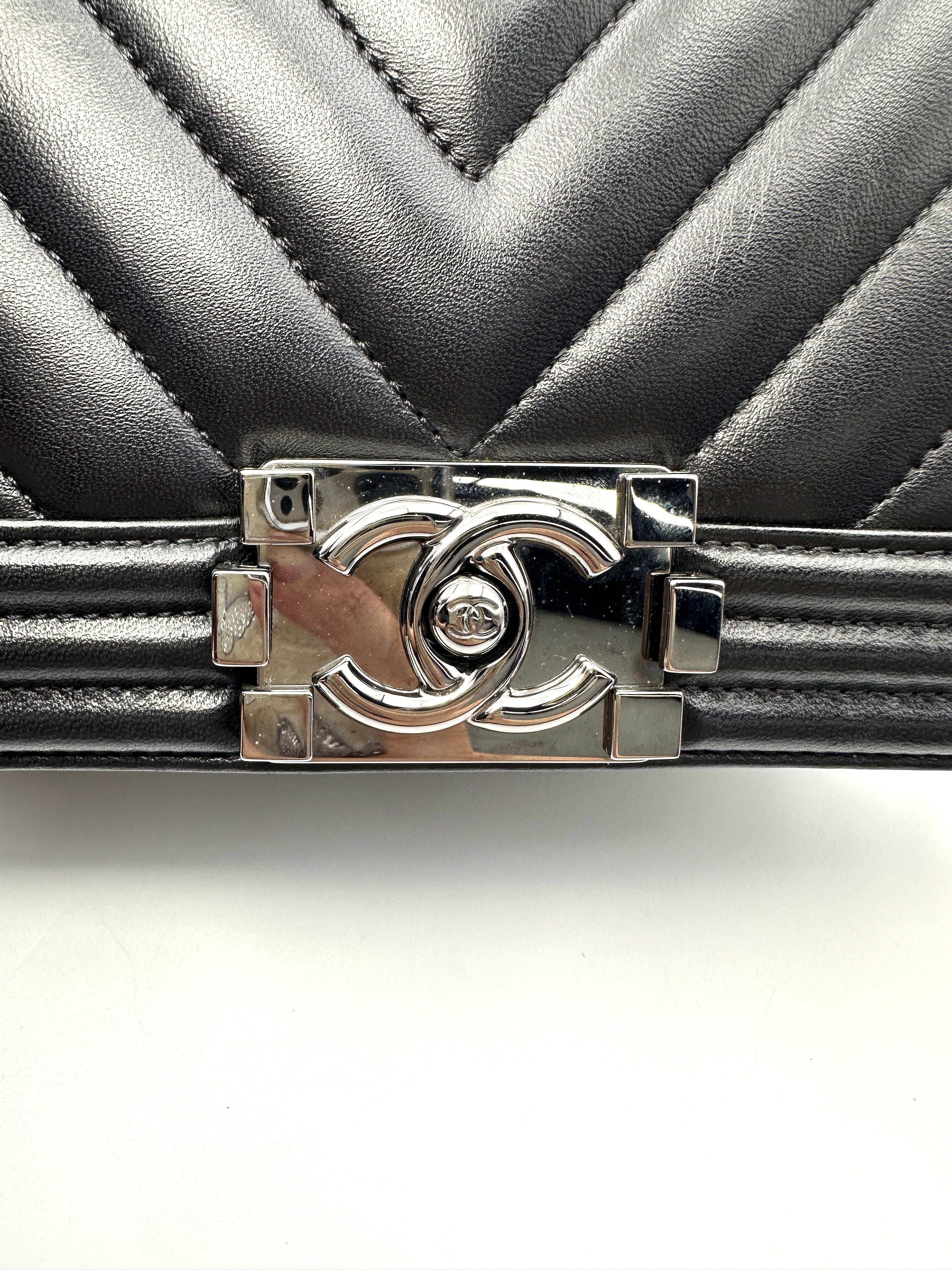 Chanel LeBoy Black Chevron Quilted Lambskin Small Size Flap Bag With Silver Buckle(24***25) CC2159