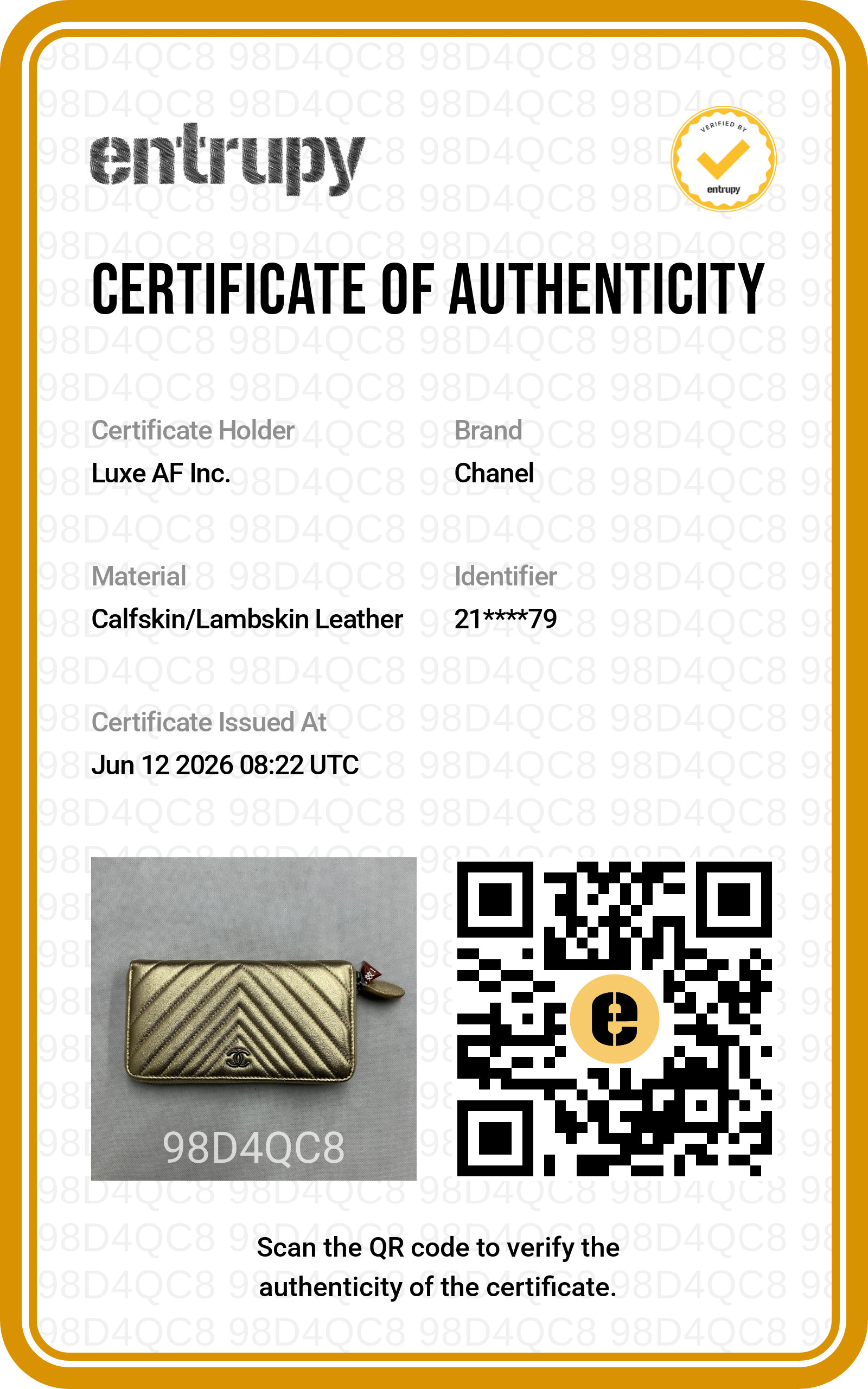 Chanel Gold Chevron Quilted Leather Long Wallet(21***79) CC2160