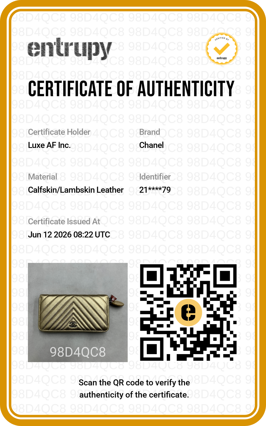 Chanel Gold Chevron Quilted Leather Long Wallet(21***79) CC2160