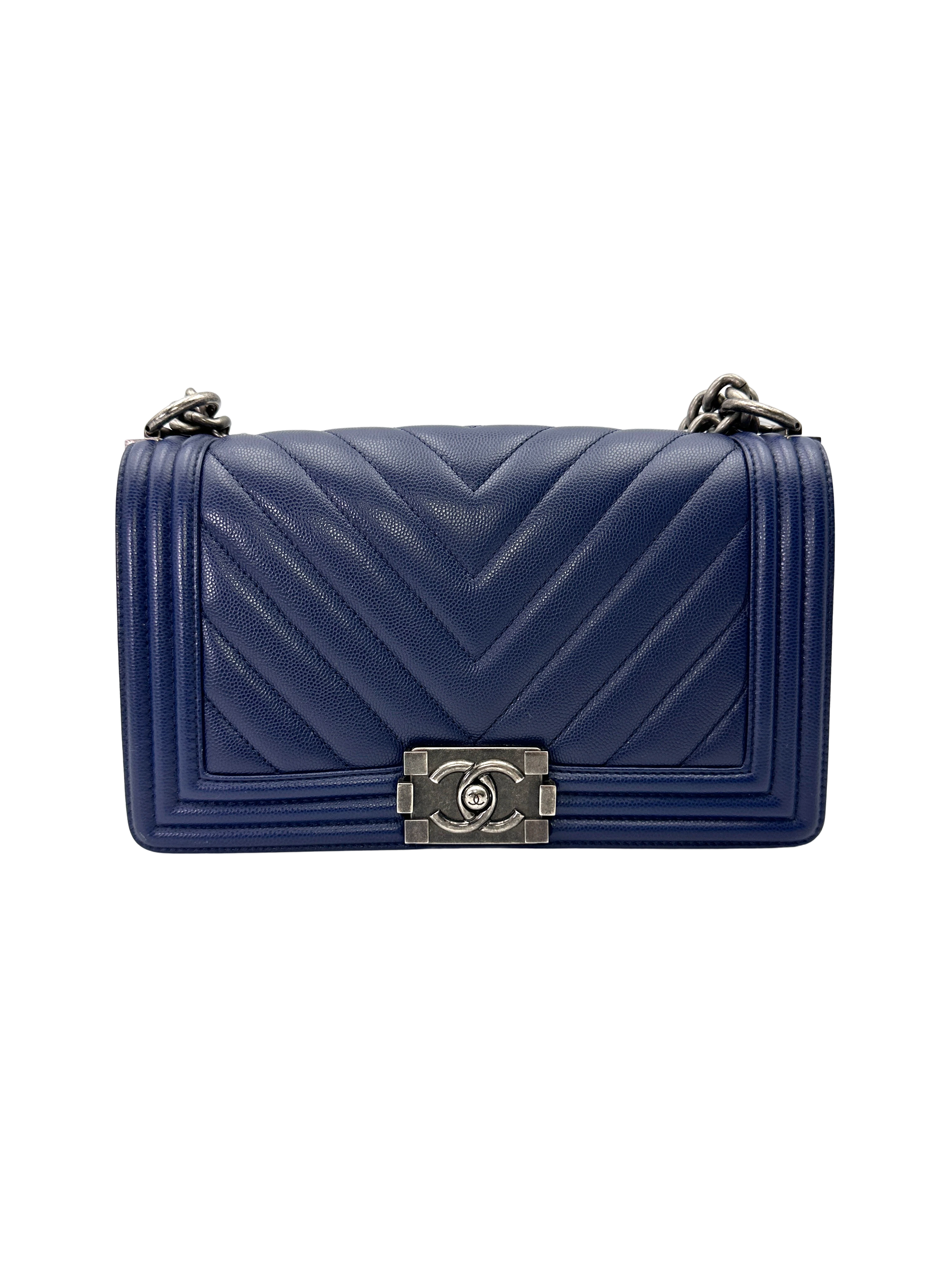 Chanel LeBoy Navy Chevron Quilted Leather Medium Size Flap Bag With Silver Buckle(24***49) CC2163