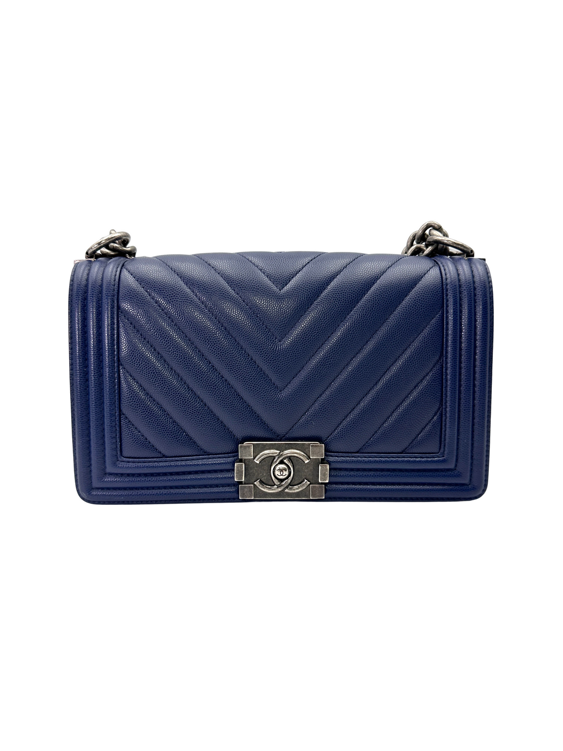 Chanel LeBoy Navy Chevron Quilted Leather Medium Size Flap Bag With Silver Buckle(24***49) CC2163
