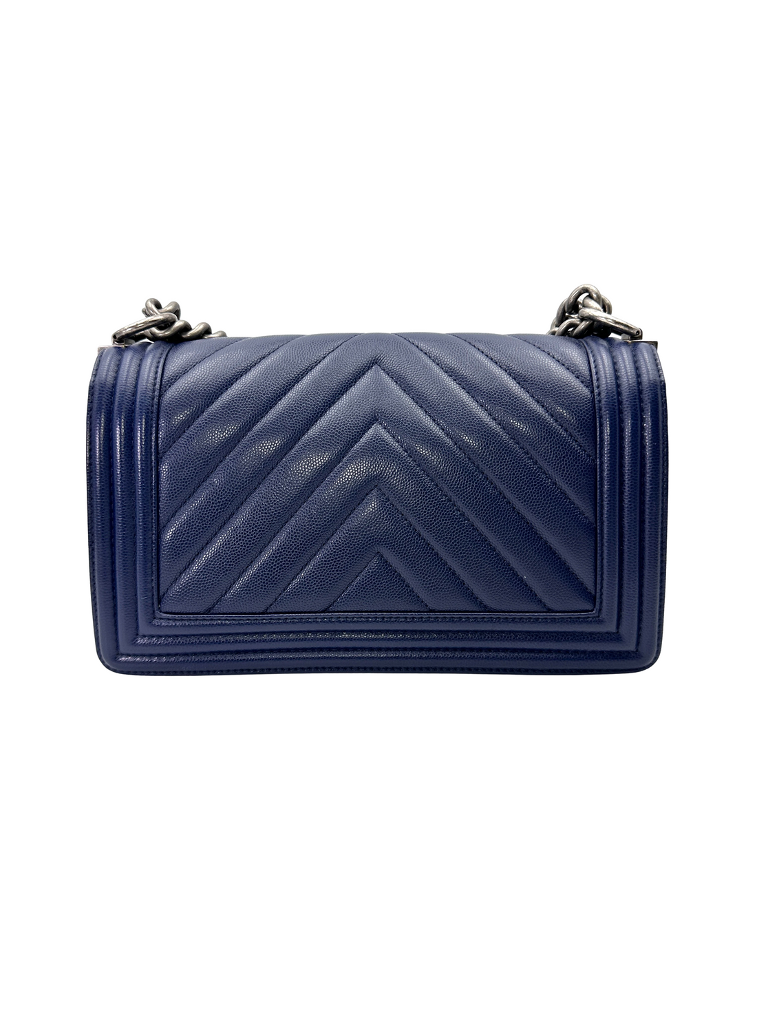 Chanel LeBoy Navy Chevron Quilted Leather Medium Size Flap Bag With Silver Buckle(24***49) CC2163