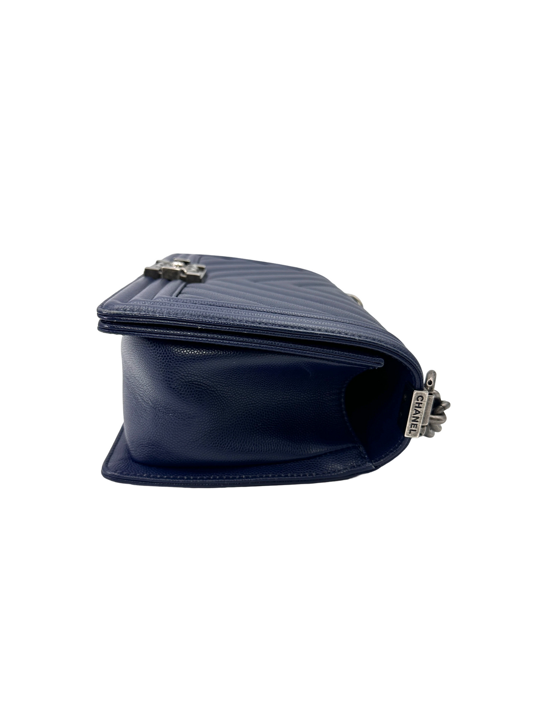 Chanel LeBoy Navy Chevron Quilted Leather Medium Size Flap Bag With Silver Buckle(24***49) CC2163