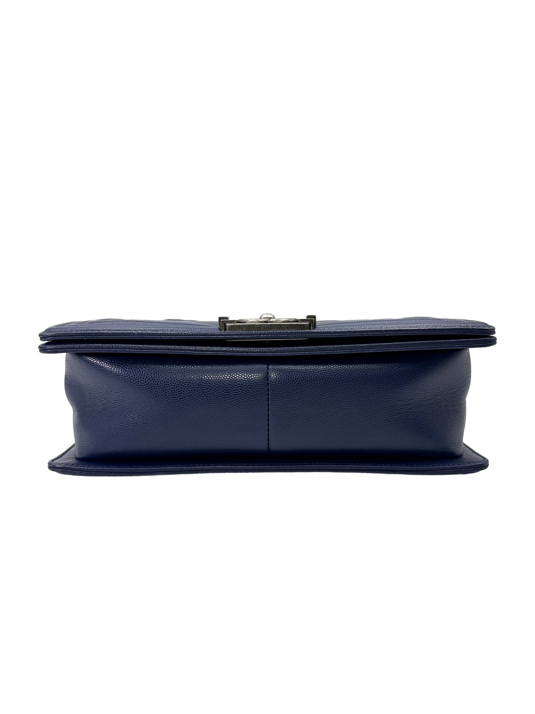 Chanel LeBoy Navy Chevron Quilted Leather Medium Size Flap Bag With Silver Buckle(24***49) CC2163