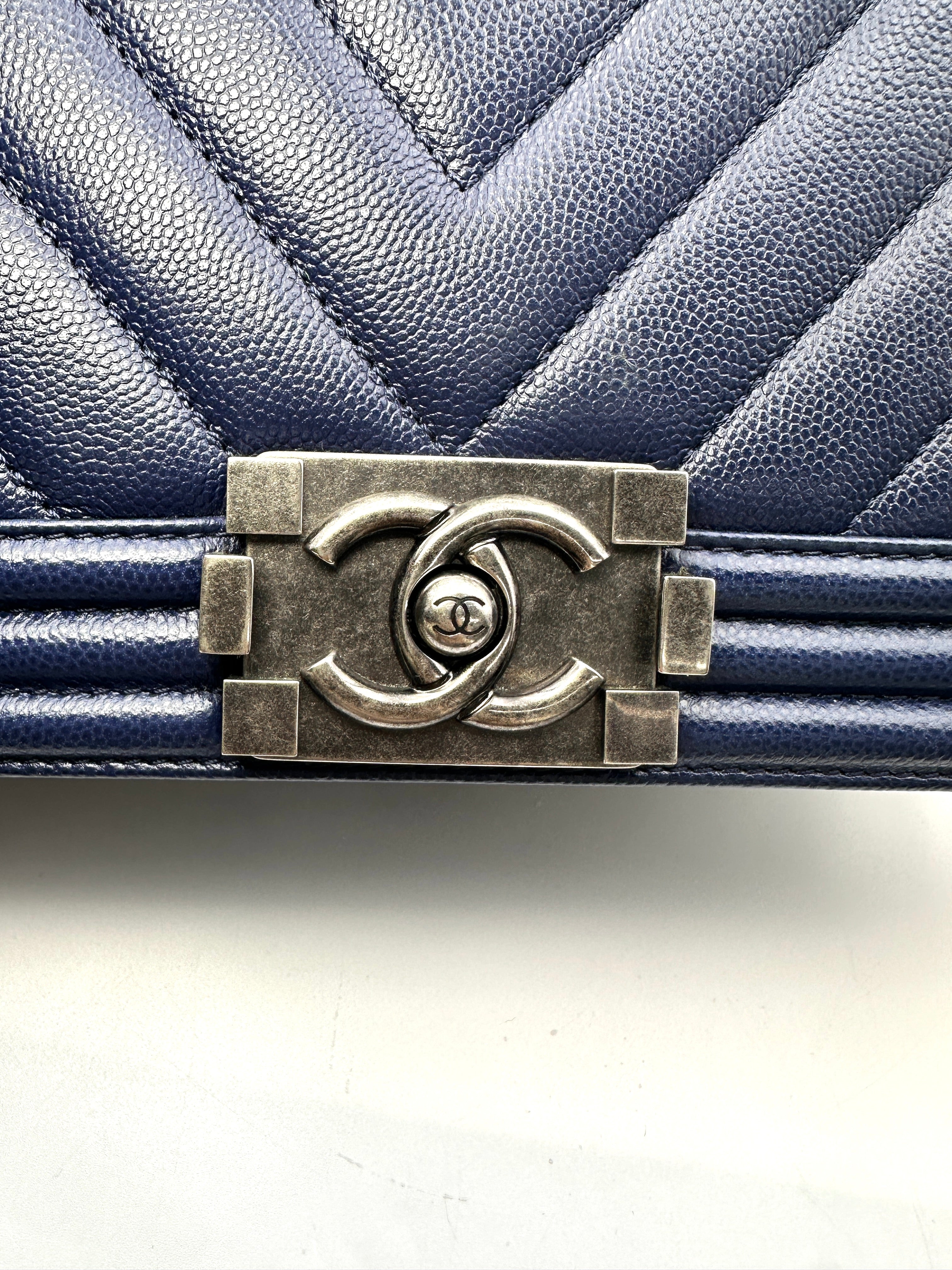 Chanel LeBoy Navy Chevron Quilted Leather Medium Size Flap Bag With Silver Buckle(24***49) CC2163