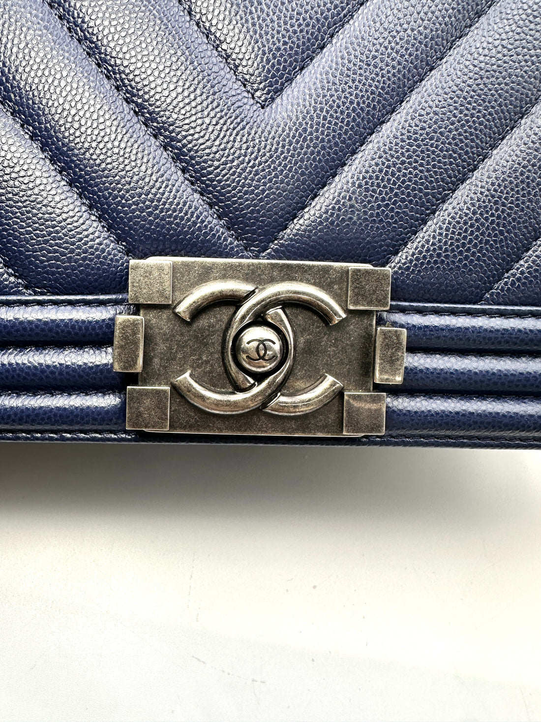 Chanel LeBoy Navy Chevron Quilted Leather Medium Size Flap Bag With Silver Buckle(24***49) CC2163