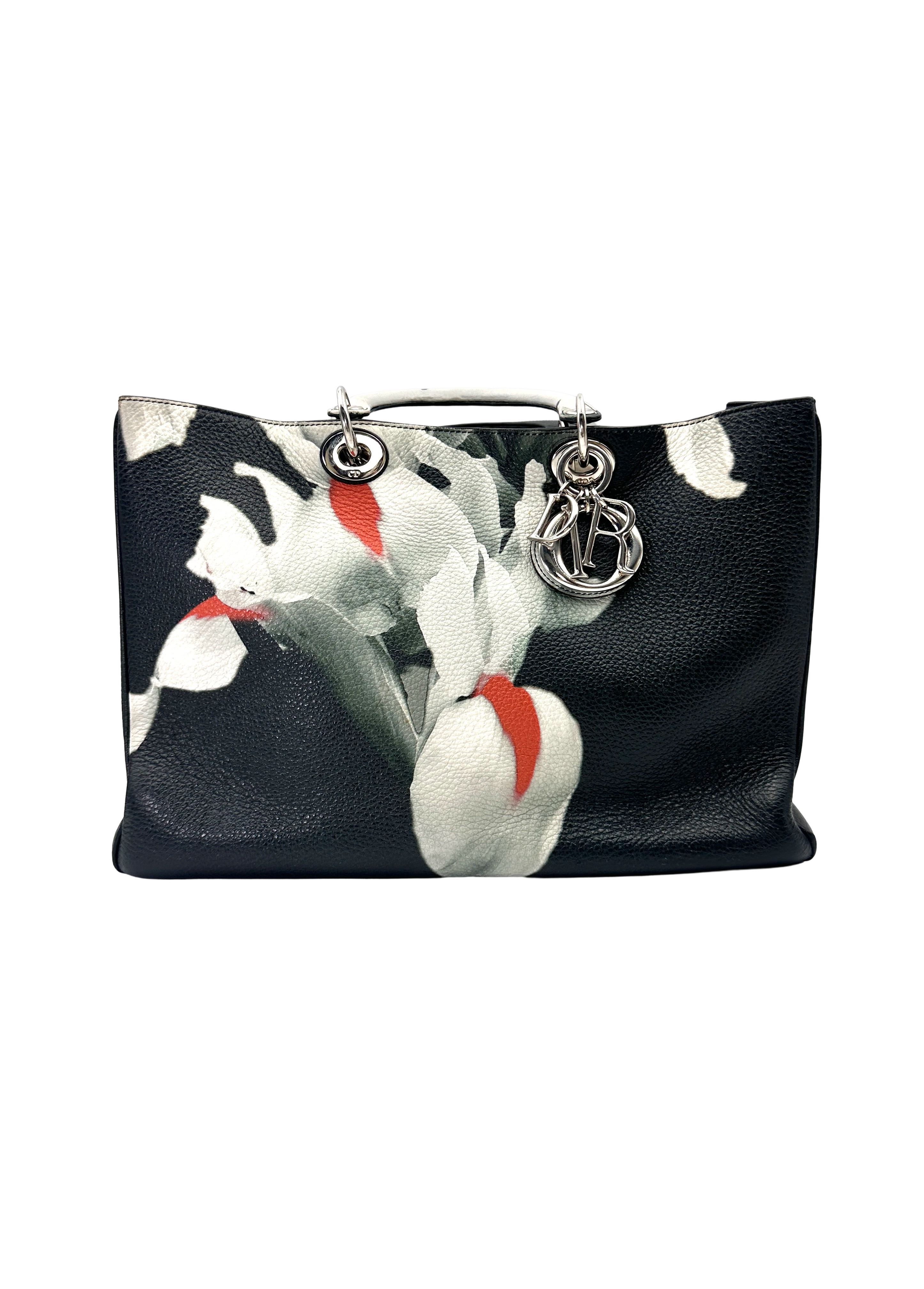 Christian Dior Diorissimo Black Leather Floral Print Large Size Shoulder Bag DR801