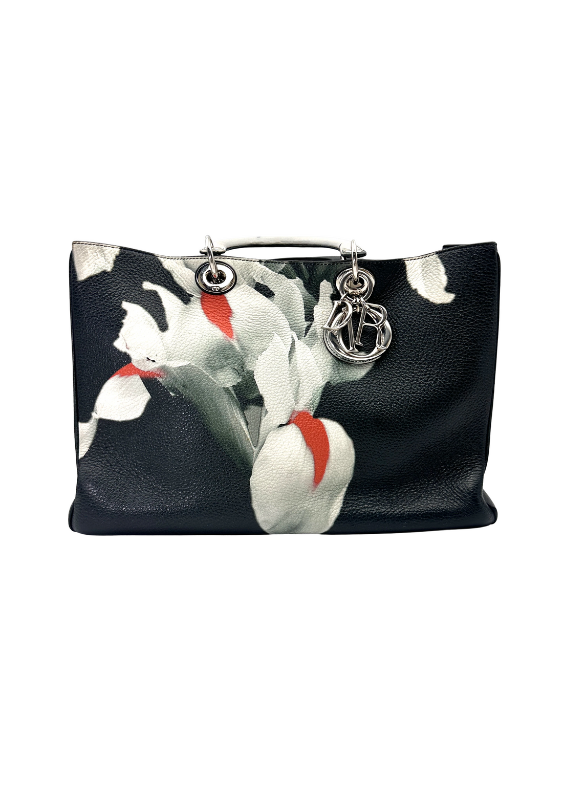Christian Dior Diorissimo Black Leather Floral Print Large Size Shoulder Bag DR801