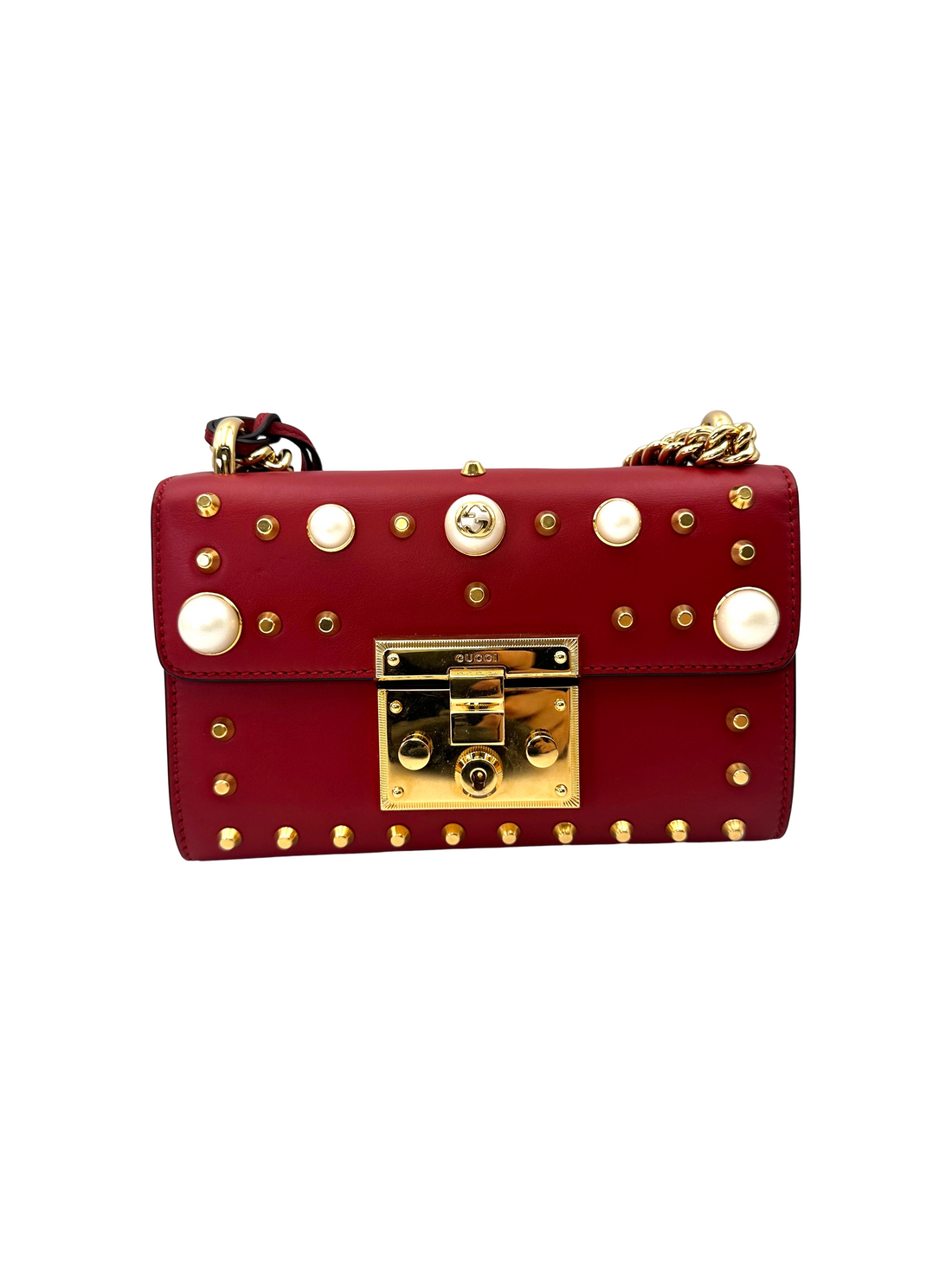 Gucci Padlock Red Pearl Studded Leather Chain Bag With Gold Hardware GG1322
