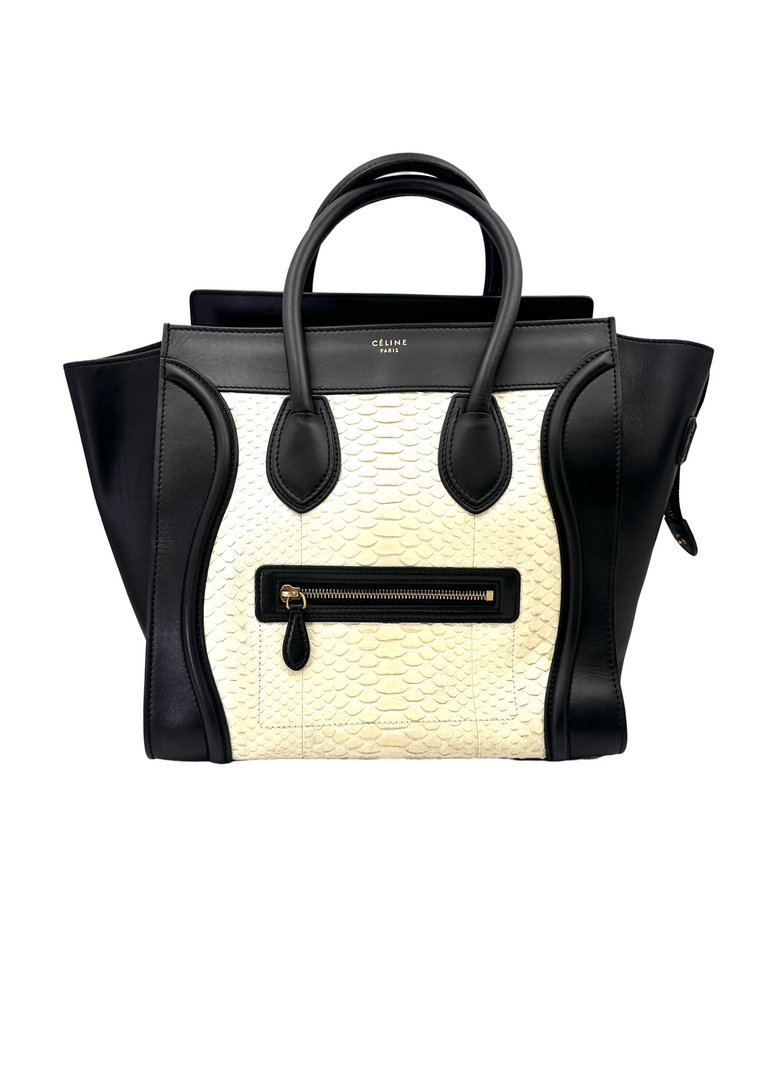 Celine Luggage Black & White Python Leather Large Size Handle Bag CE173