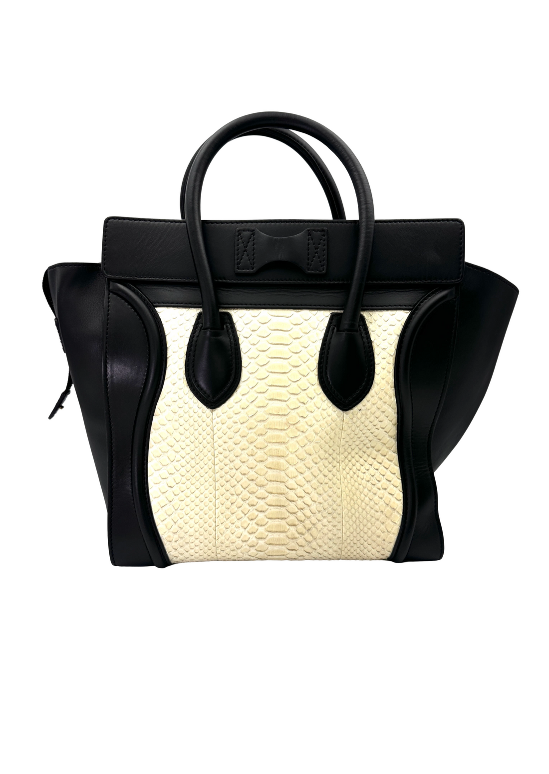 Celine Luggage Black & White Python Leather Large Size Handle Bag CE173
