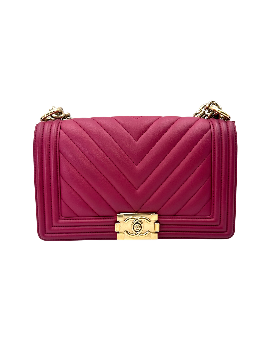 Chanel LeBoy Rose Pink Chevron Quilted Leather Medium Size Flap Bag With Gold Buckle(23***01) CC2168
