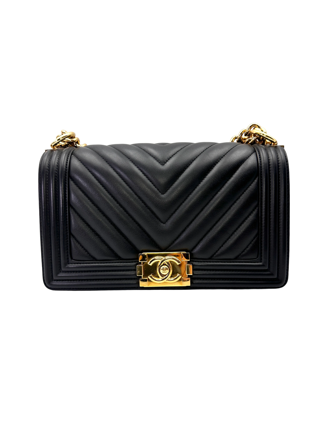 Chanel LeBoy Black Chevron Quilted Leather Medium Size Flap Bag With Gold Buckle(28***09) CC2171