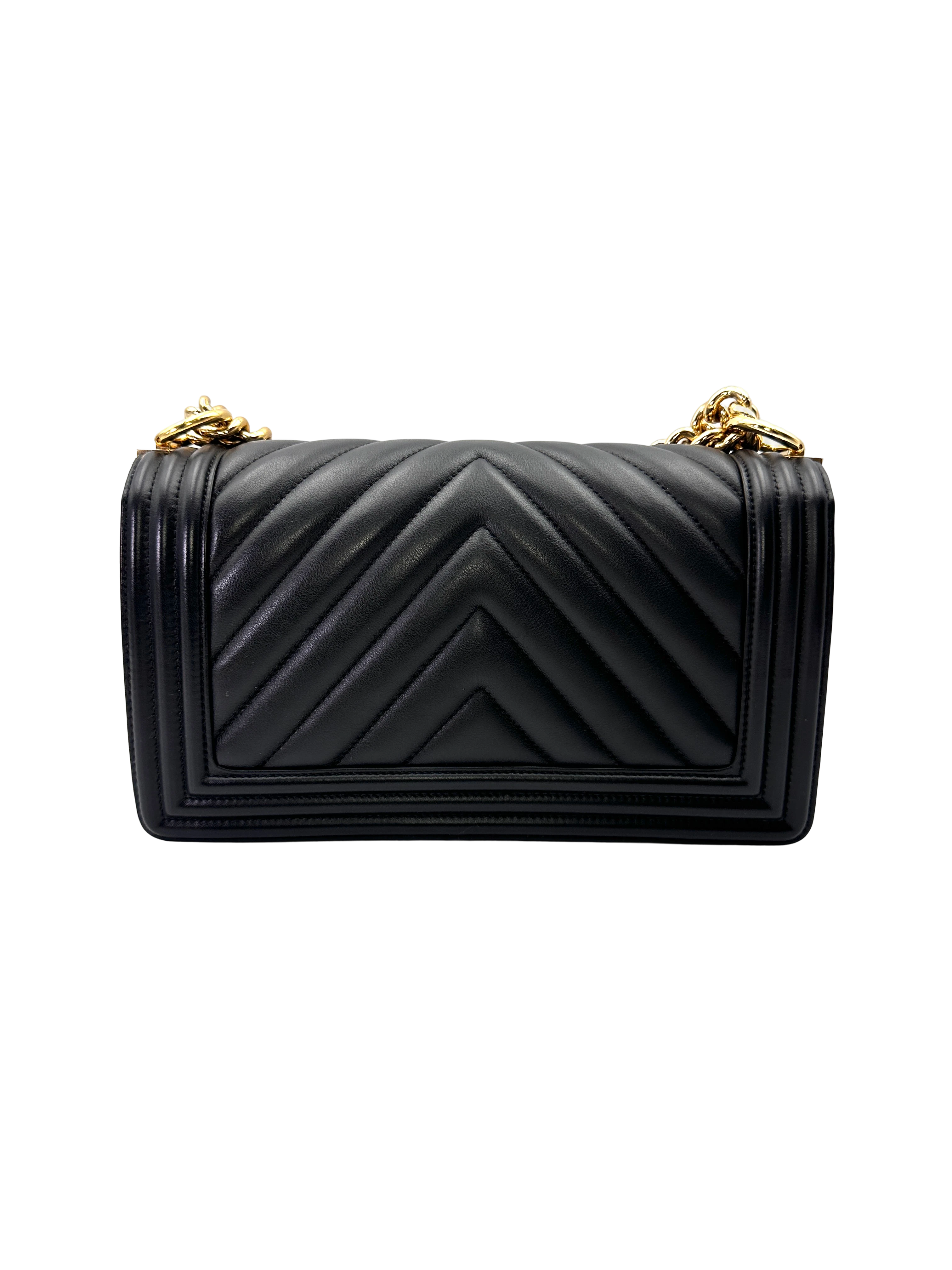 Chanel LeBoy Black Chevron Quilted Leather Medium Size Flap Bag With Gold Buckle(28***09) CC2171