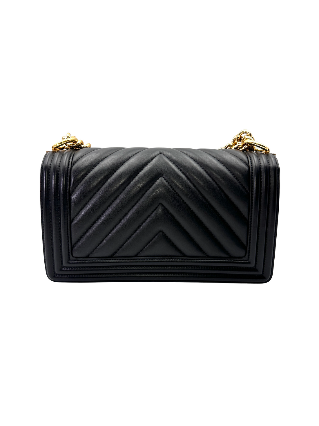 Chanel LeBoy Black Chevron Quilted Leather Medium Size Flap Bag With Gold Buckle(28***09) CC2171