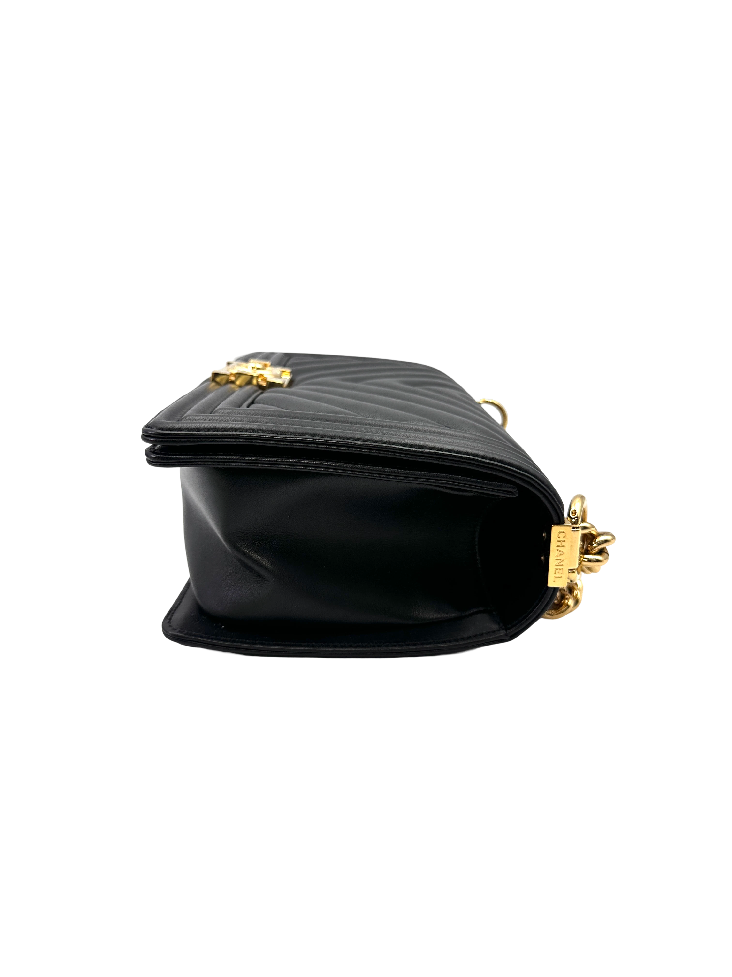 Chanel LeBoy Black Chevron Quilted Leather Medium Size Flap Bag With Gold Buckle(28***09) CC2171