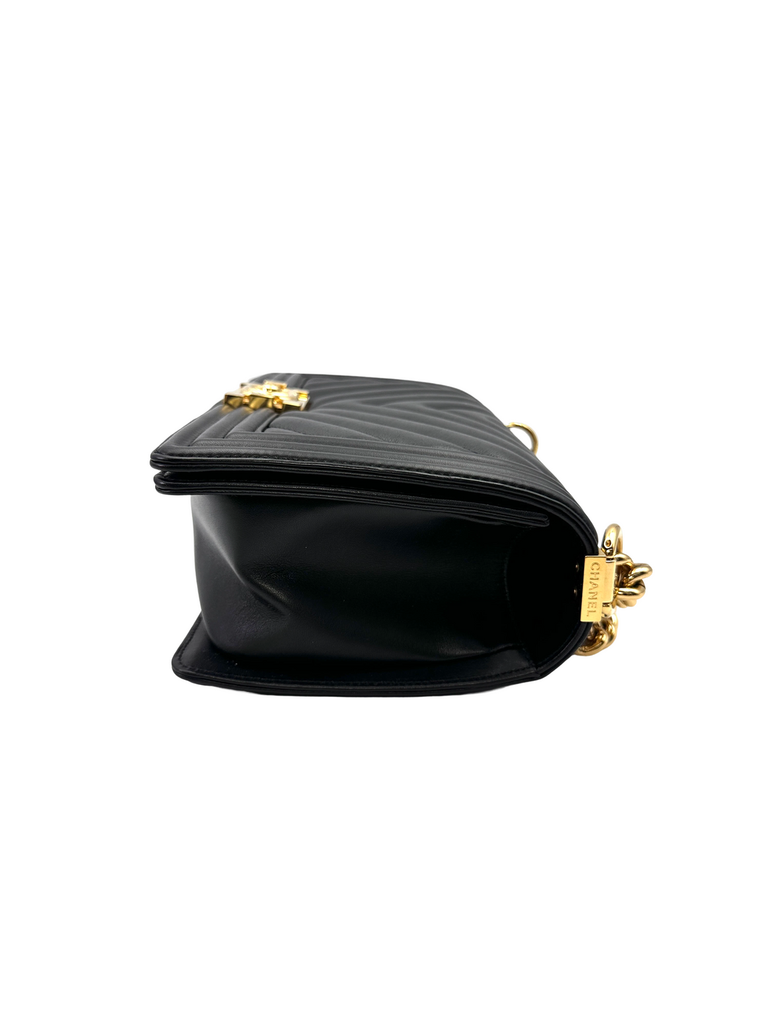 Chanel LeBoy Black Chevron Quilted Leather Medium Size Flap Bag With Gold Buckle(28***09) CC2171