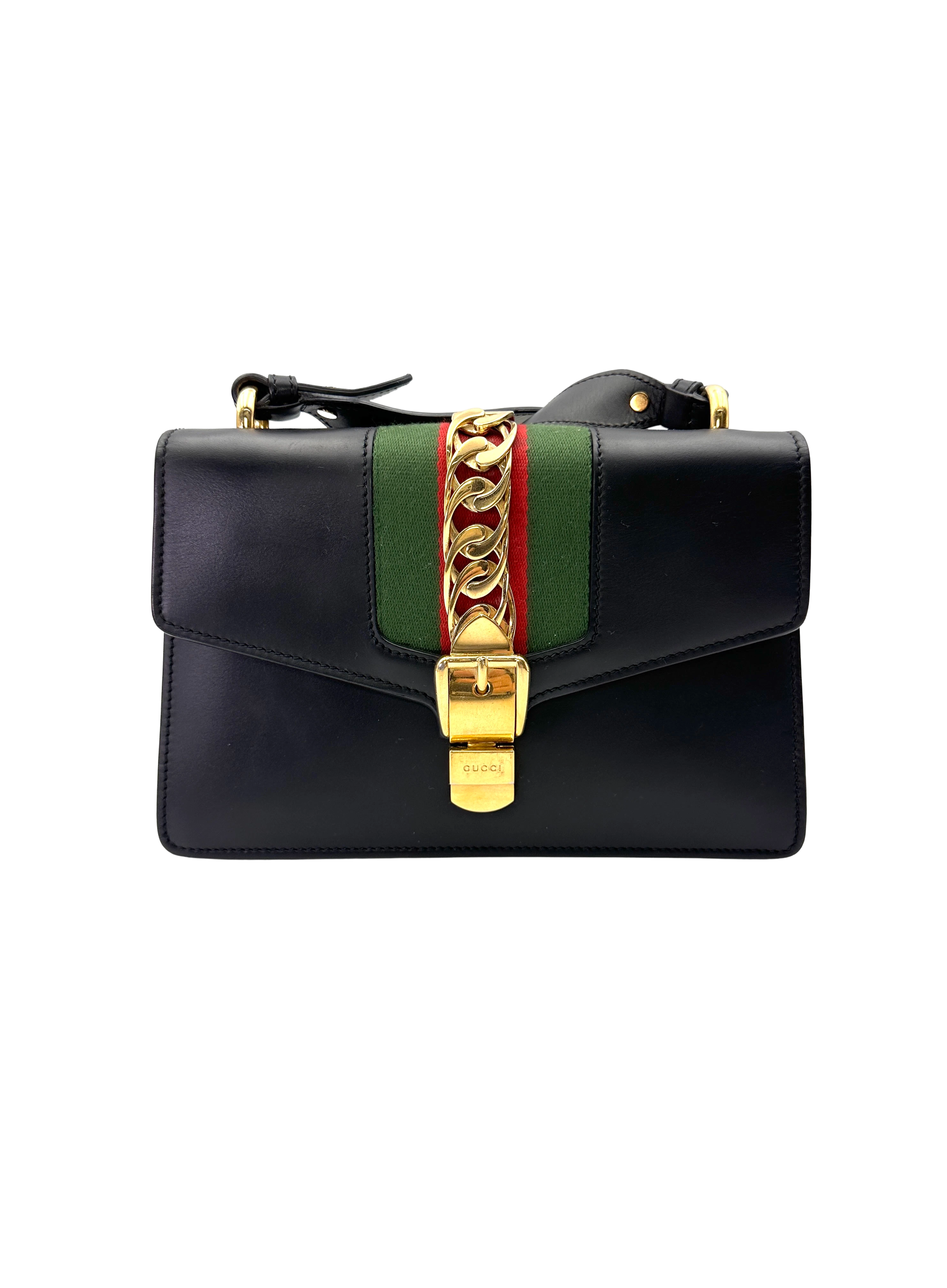 Gucci Sylvie Black Leather Medium Size Shoulder Bag GG1325