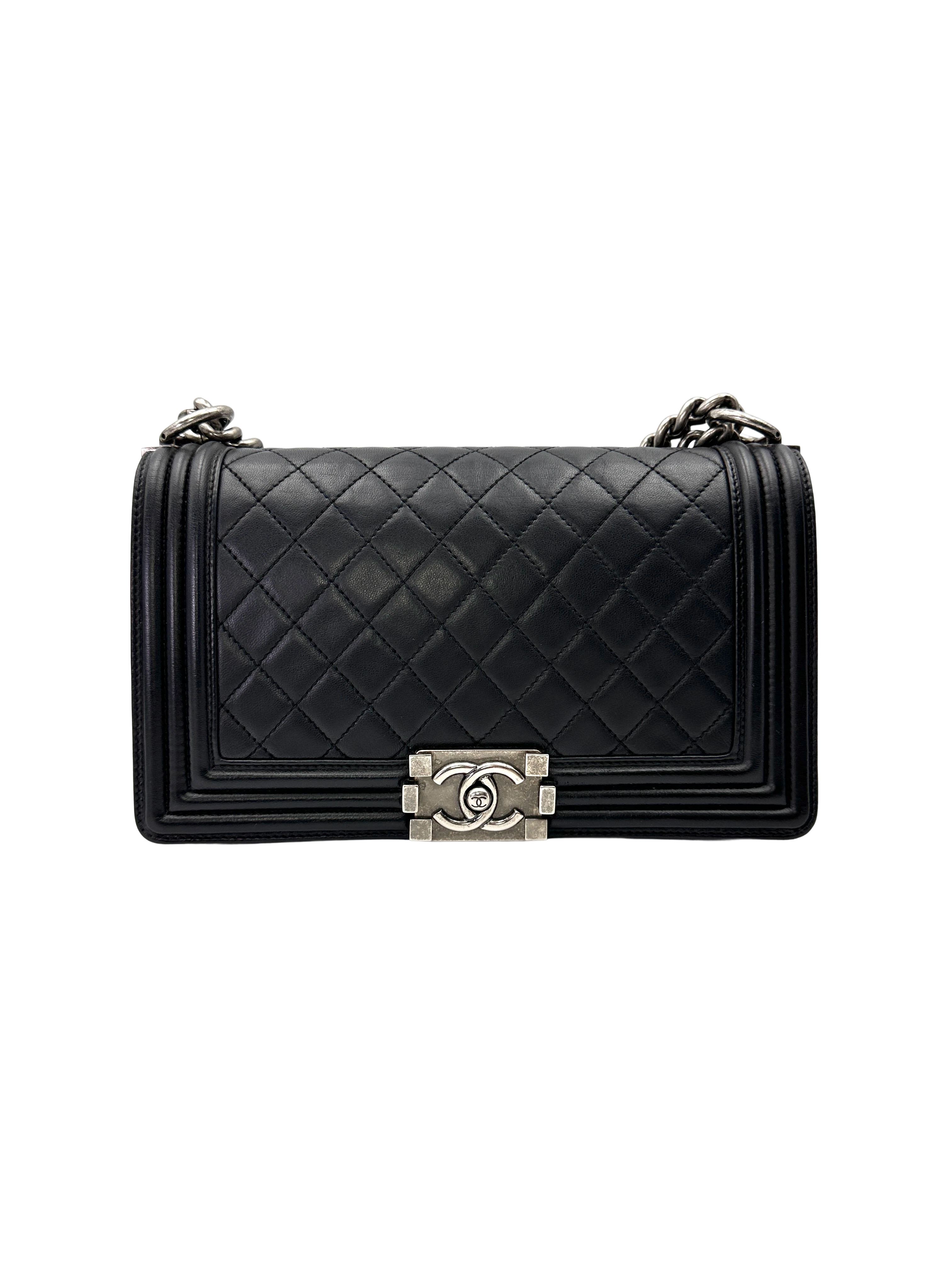 Chanel LeBoy Black Quilted Leather Medium Size Flap Bag With Silver Buckle(15***20) CC2172