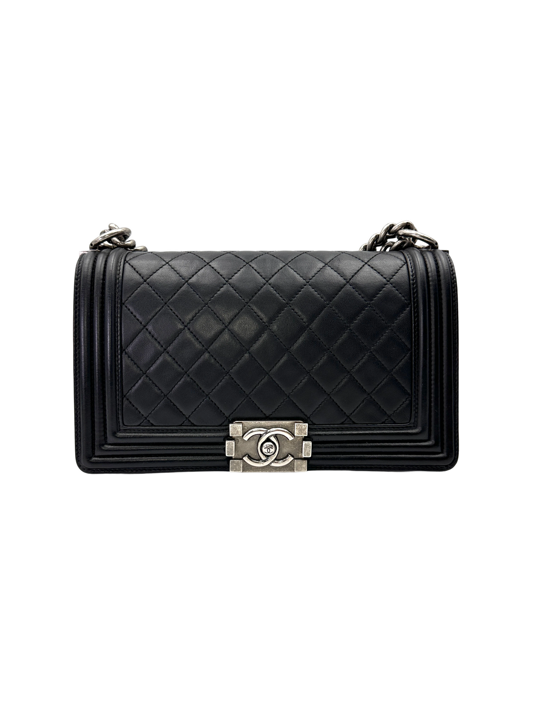 Chanel LeBoy Black Quilted Leather Medium Size Flap Bag With Silver Buckle(15***20) CC2172