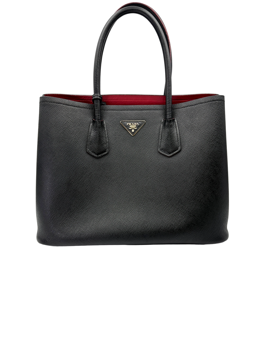 Prada Double Black Saffiano Cuir Leather Medium Size Handle Bag PR487